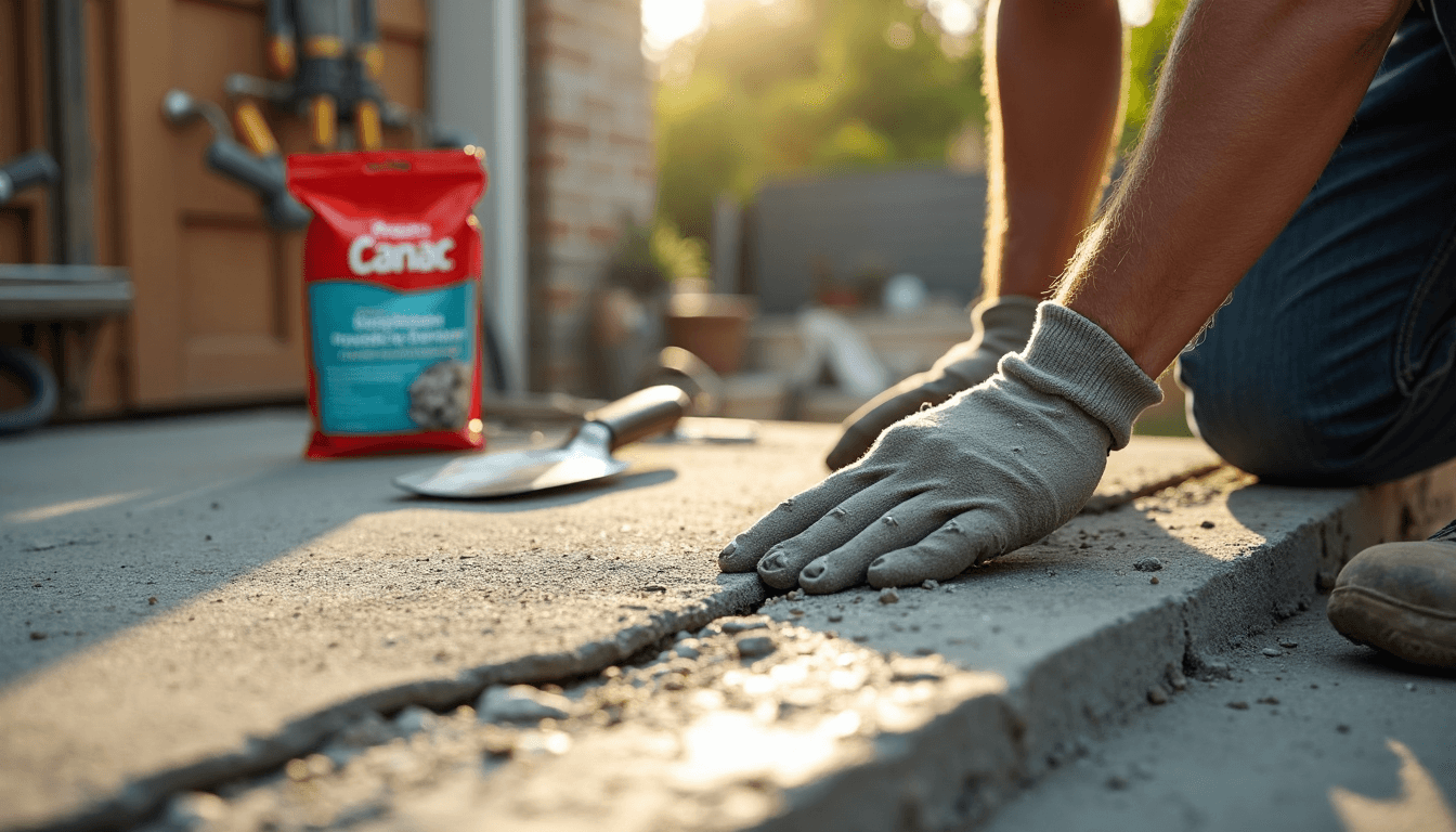 Hand applying Canac mortar to cracked concrete in home workshop
