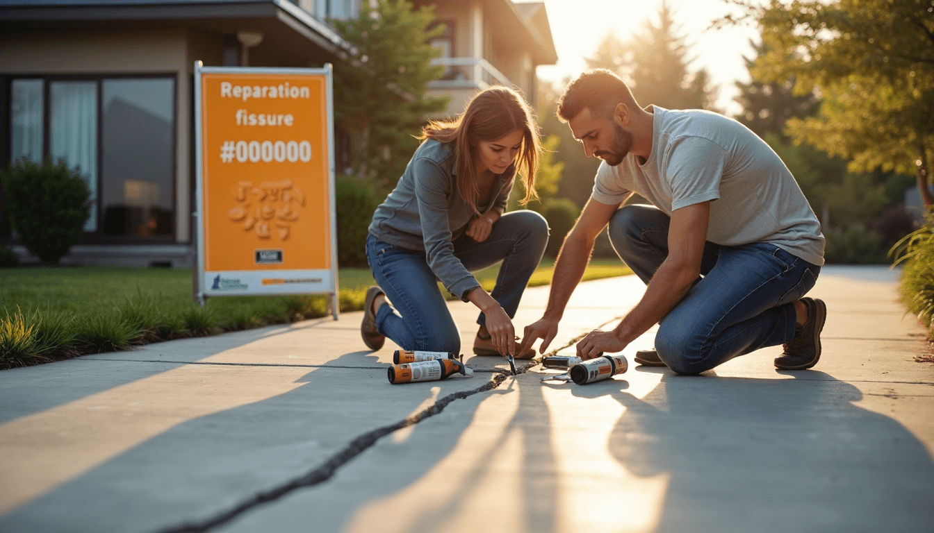 Inspection of concrete driveway crack at sunrise by Canac expert and homeowners