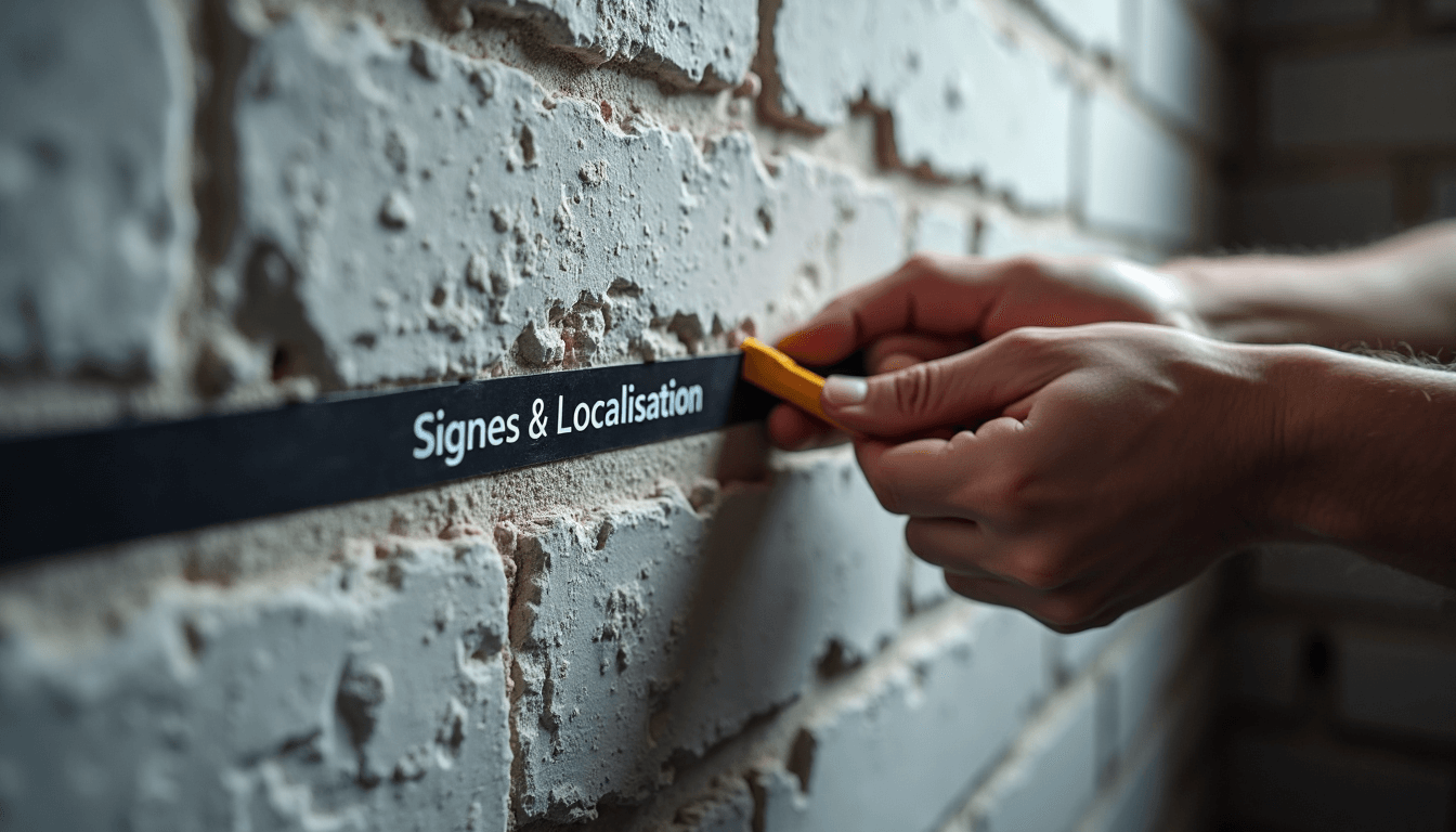 Engineer measures horizontal fissure labeled localisation signs