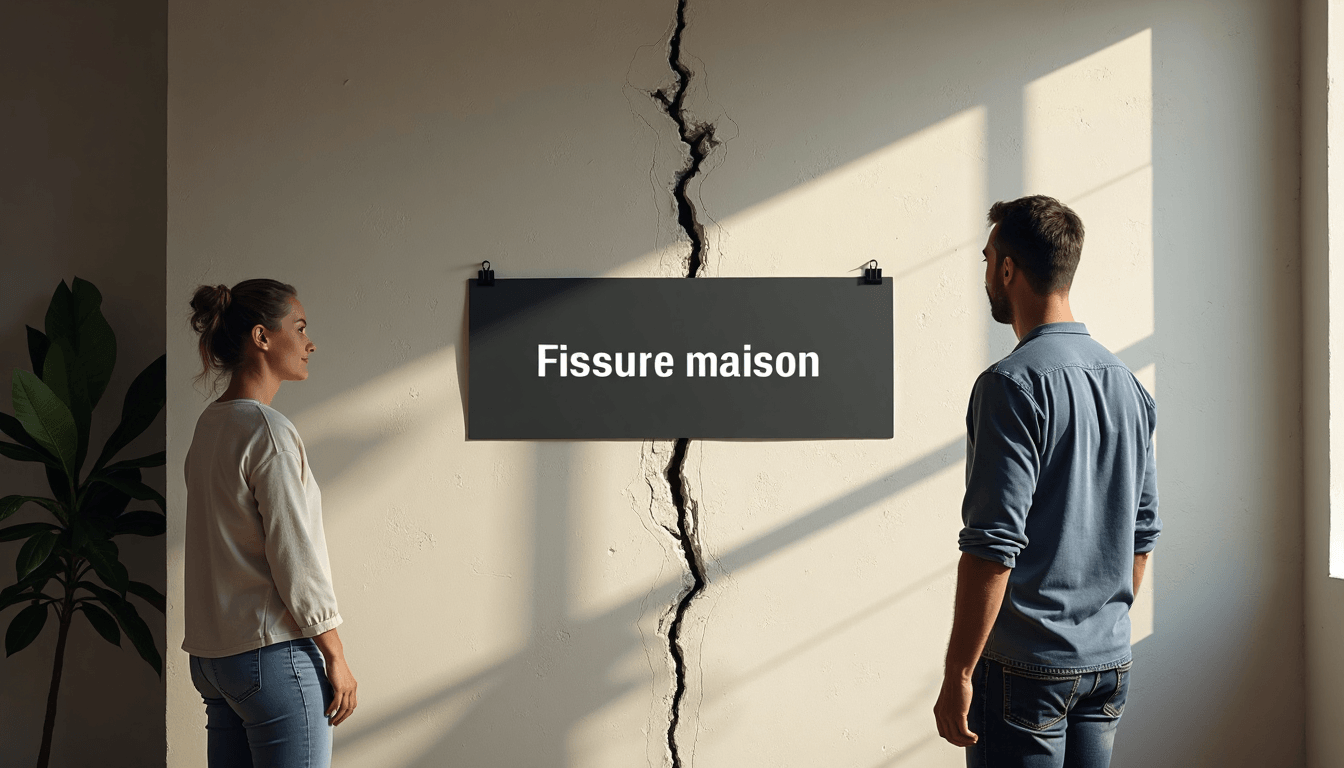 Inspector and homeowner observe horizontal crack with informative banner