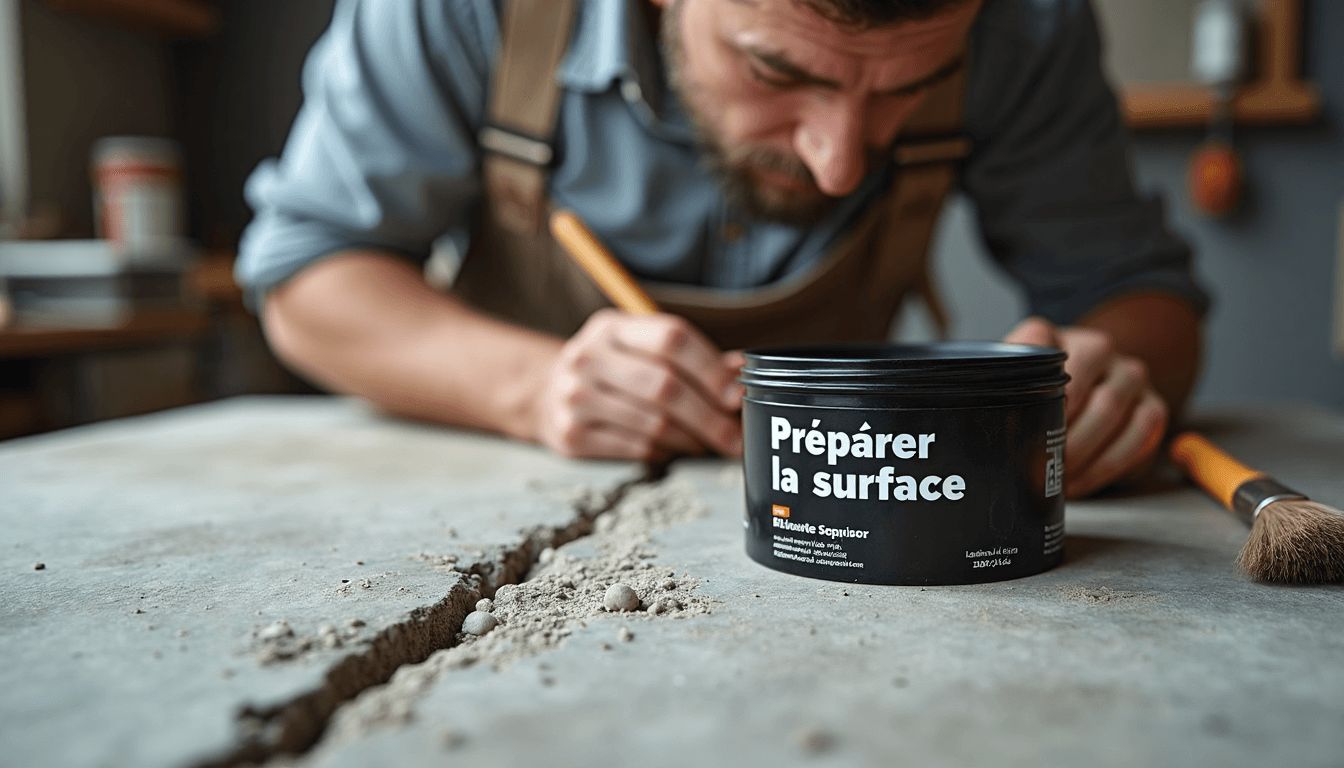 Worker cleans crack in concrete wall at daylight-lit workshop.
