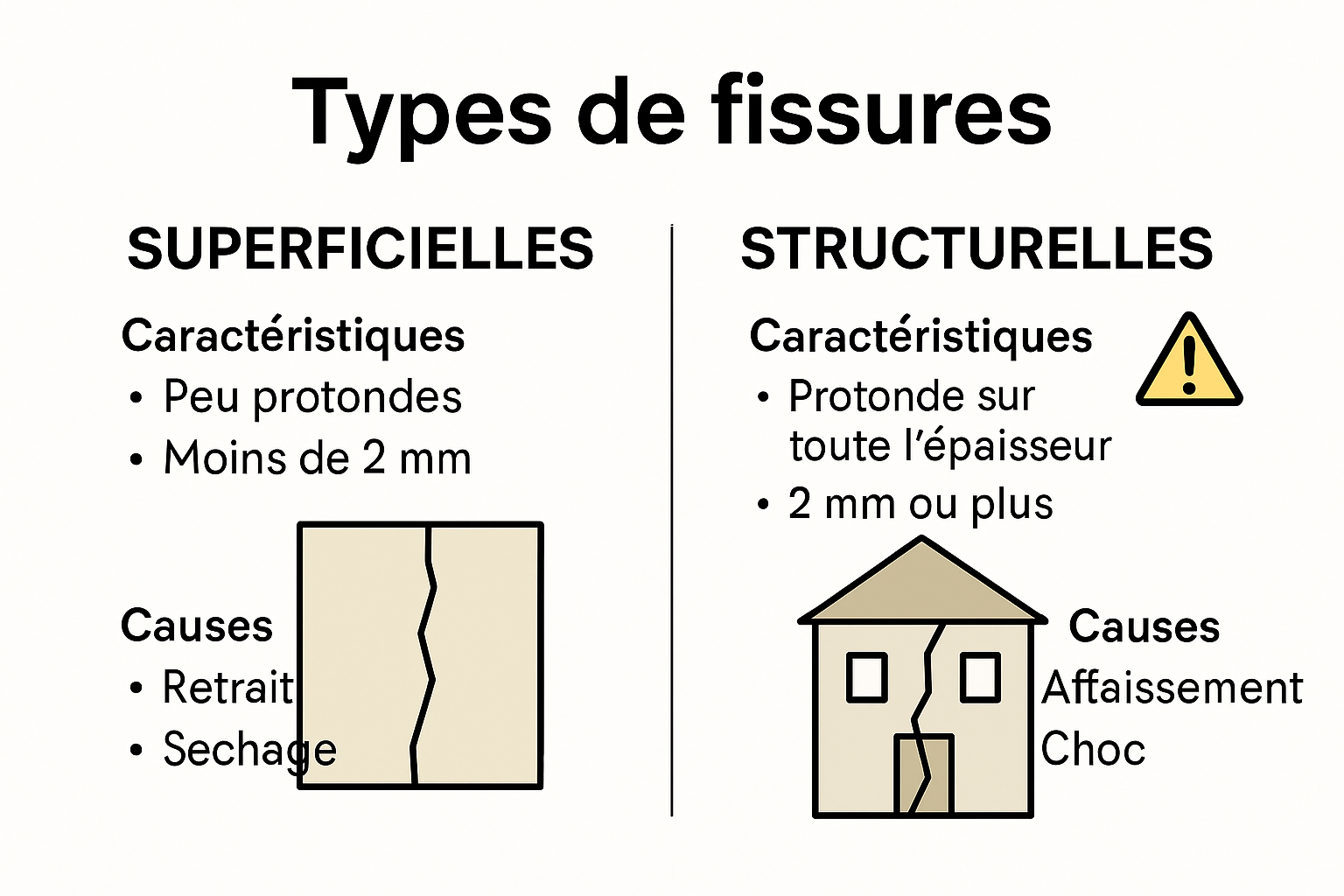 Infographie comparative sur les types de fissures superficielles et structurelles