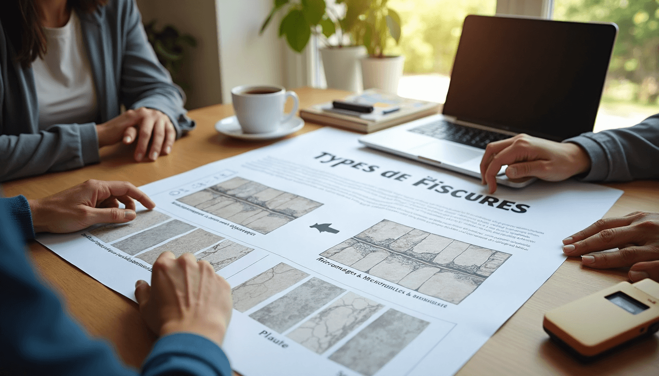 Homeowners review document classifying crack types at desk