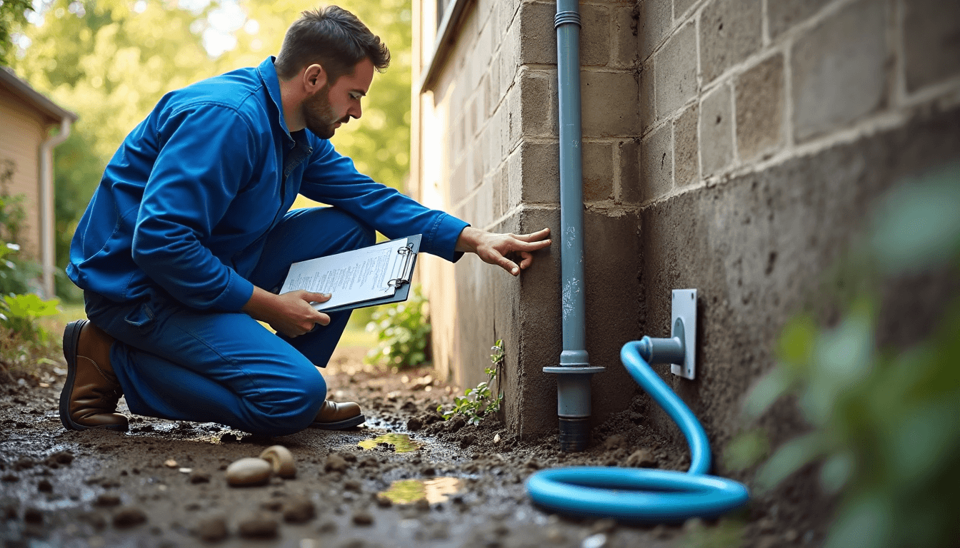 Inspector marks crack and moisture near house foundation with report clipboard