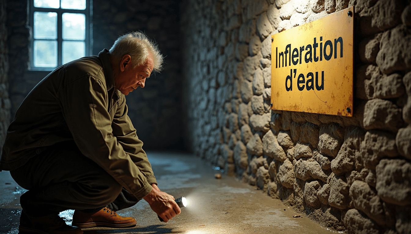 Homeowner inspecting damp basement with water infiltration poster on wall