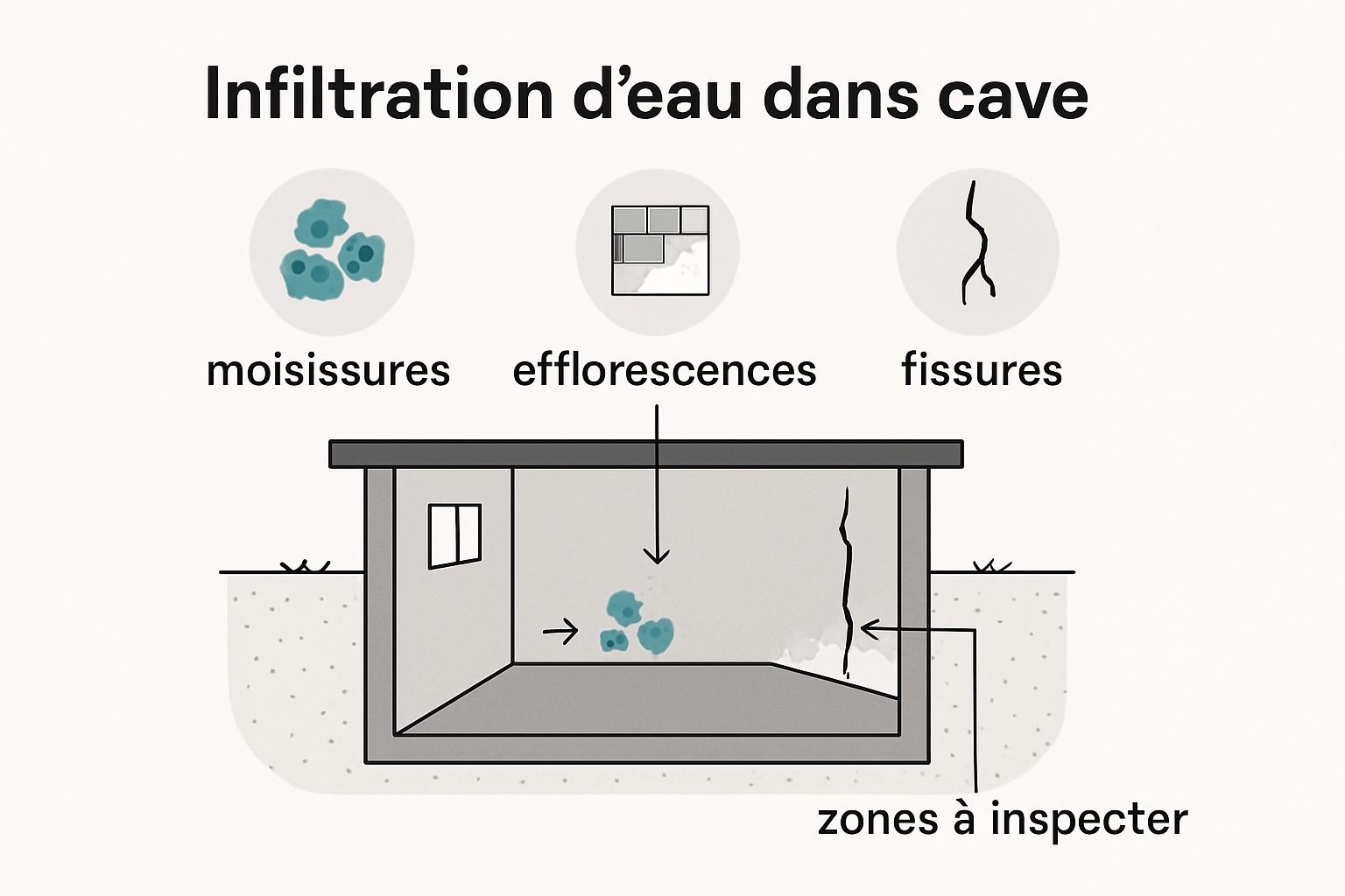 Infographie des signes d'infiltration d'eau dans une cave