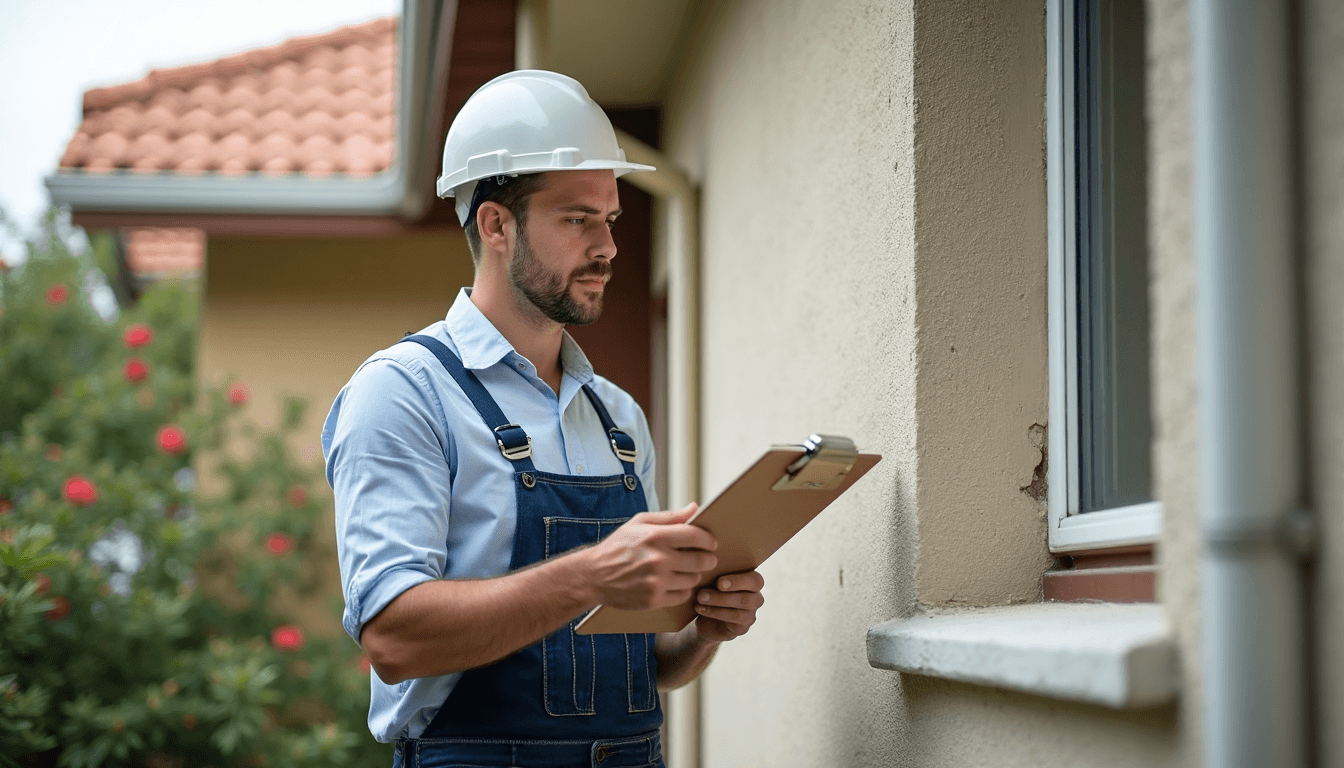 Réparation crépi extérieur : inspection du mur par un entrepreneur