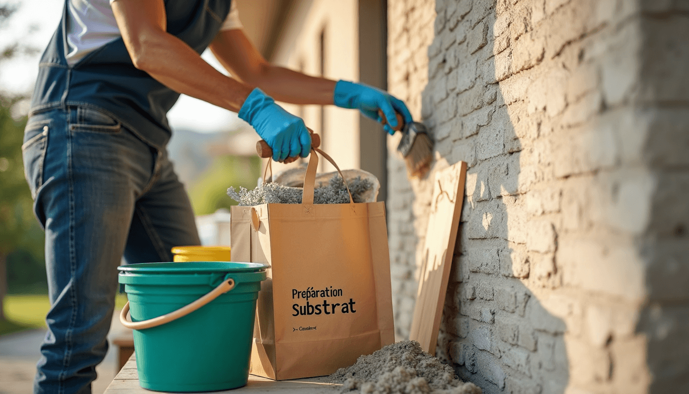 Homeowner preparing wall for stucco with cleaning tools