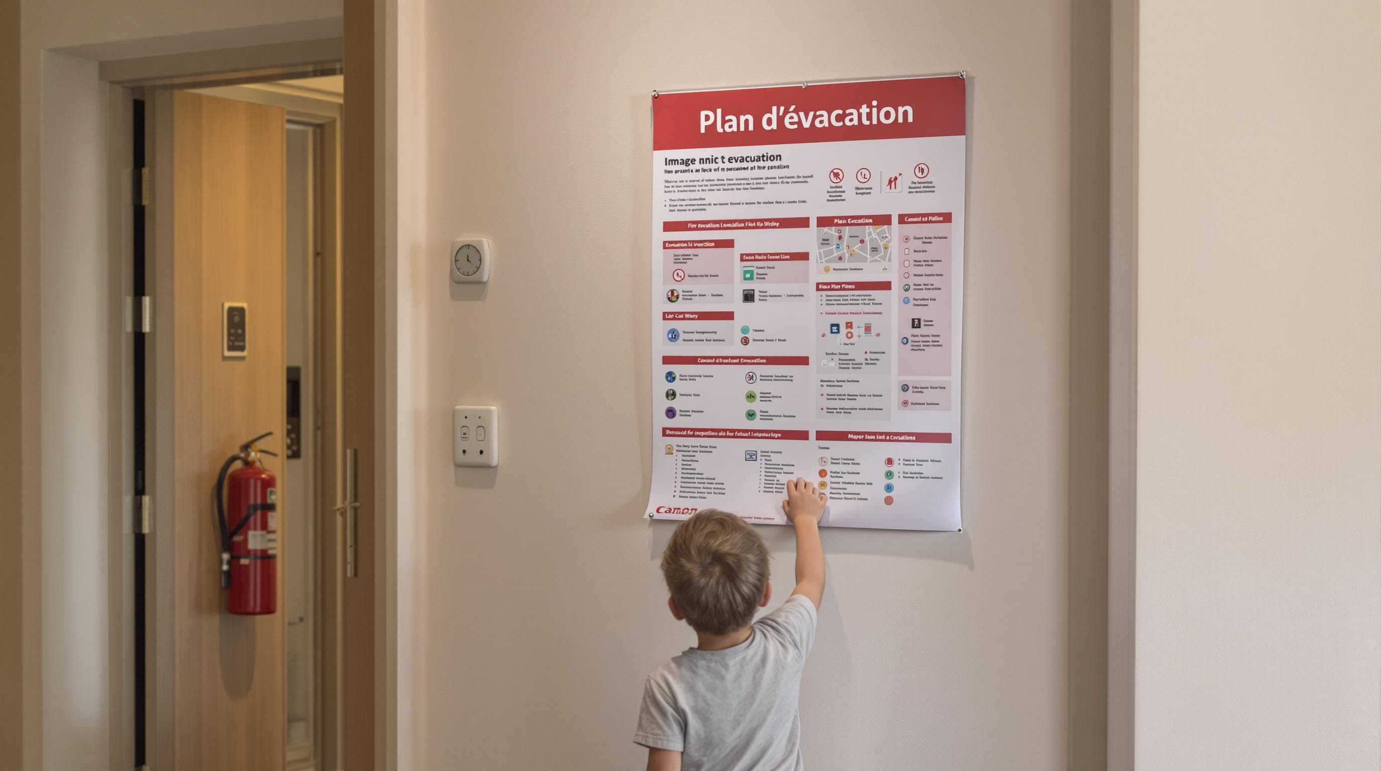 Family reviewing evacuation plan in apartment hallway, fire extinguisher nearby