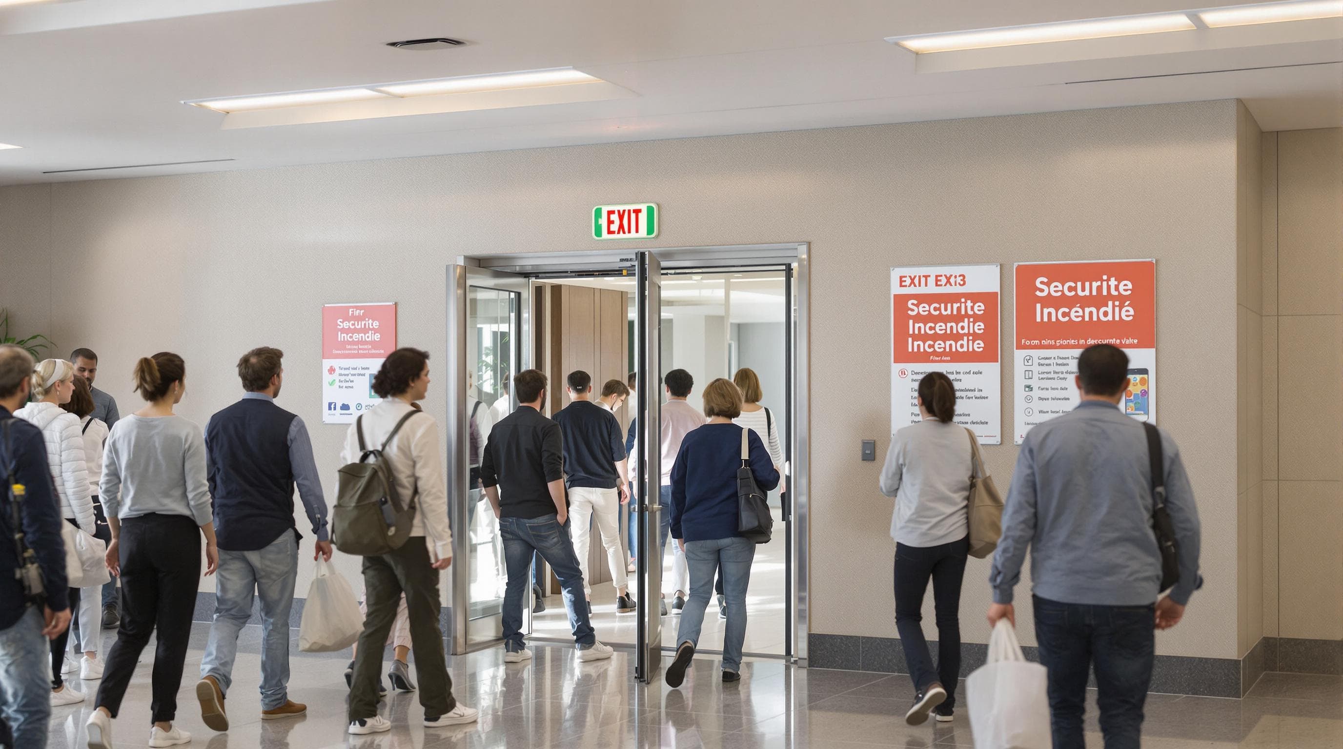 People calmly exiting building during fire drill, safety signage visible