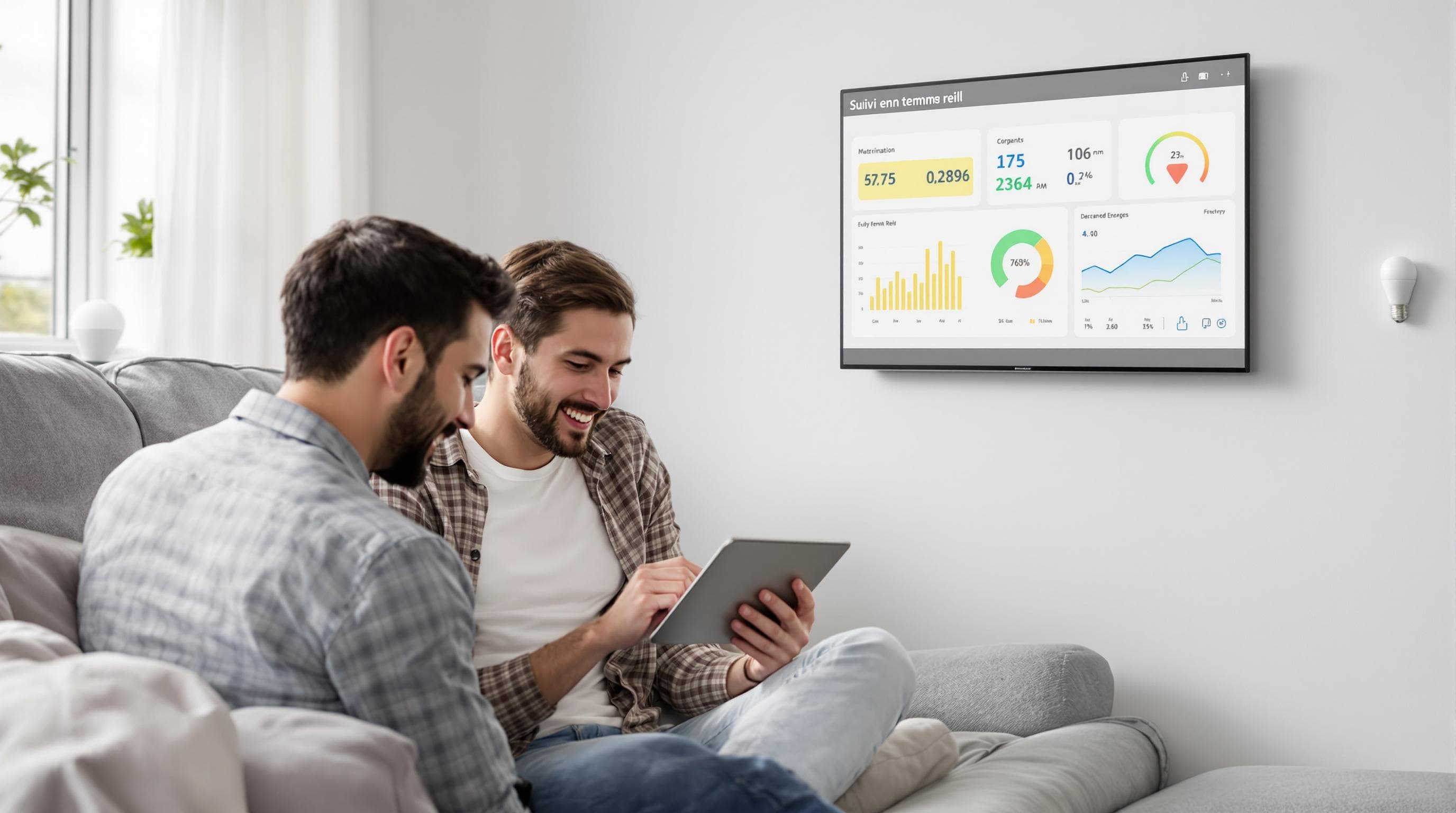 Family checking real-time home energy dashboard on tablet and wall screen, with 'Suivi en temps réel' integrated