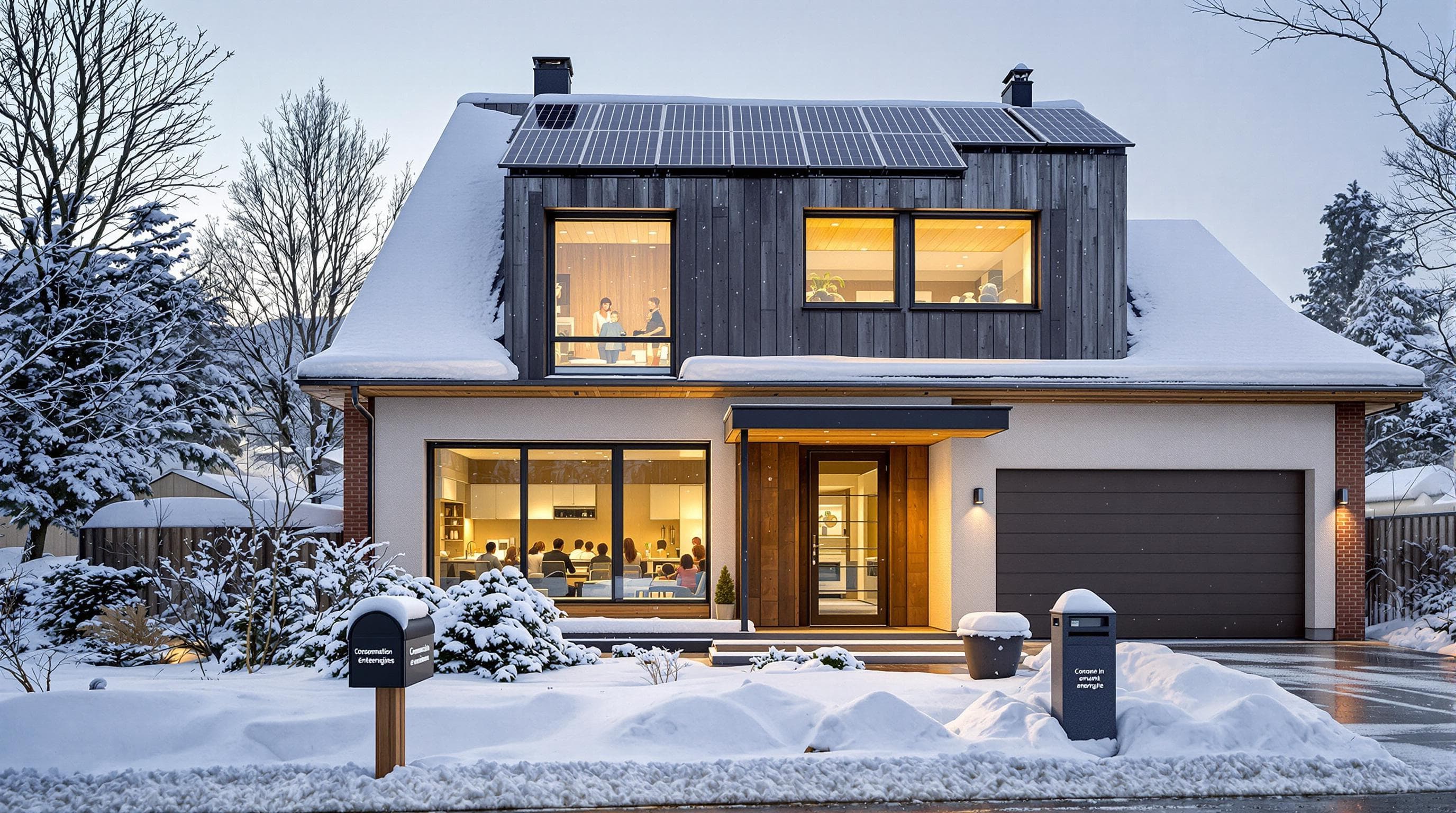 Eco-friendly family home in winter showing energy efficiency improvements and a 'Consommation énergétique' sign
