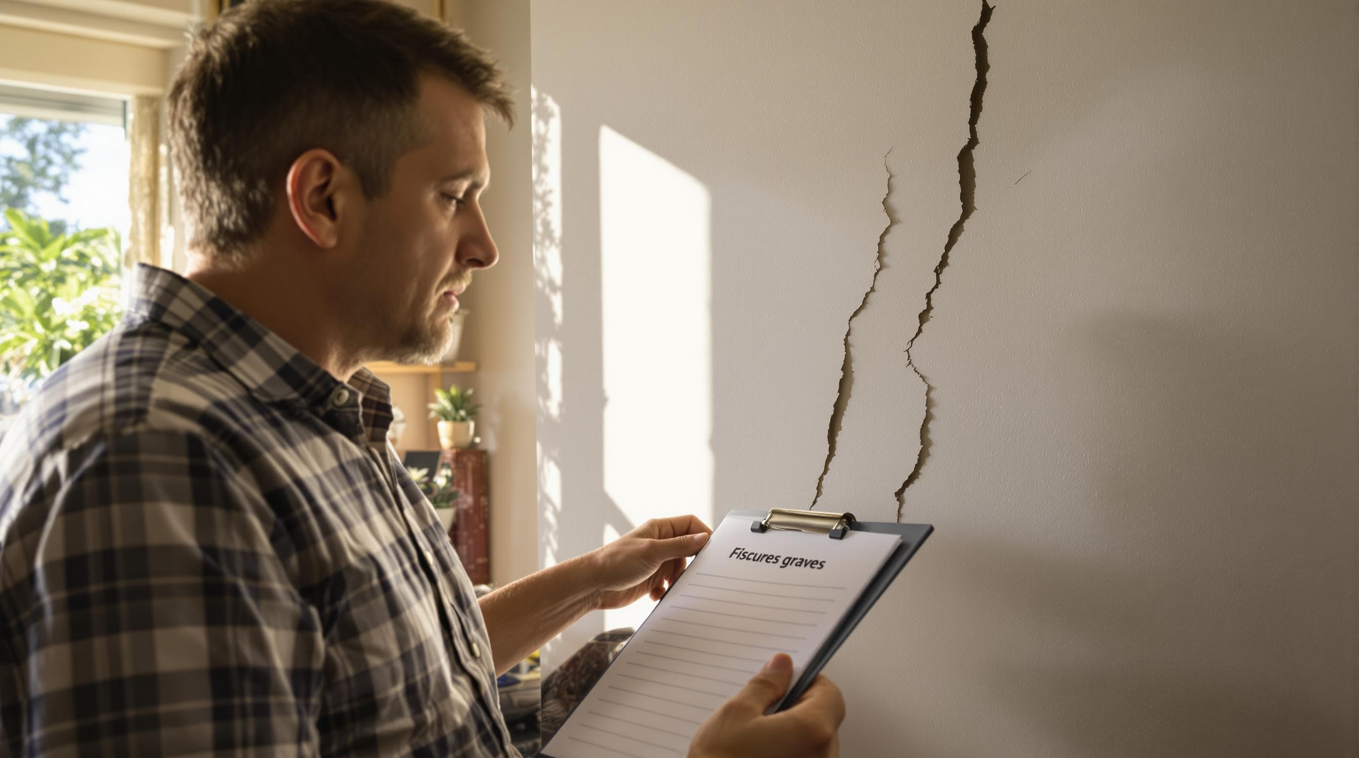 Homeowner inspects major wall crack in bright living room