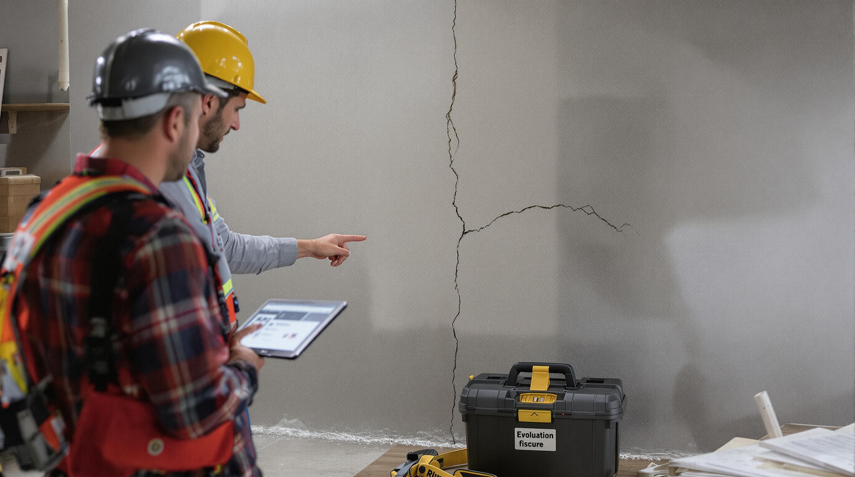 Inspector and homeowner examining foundation crack in basement