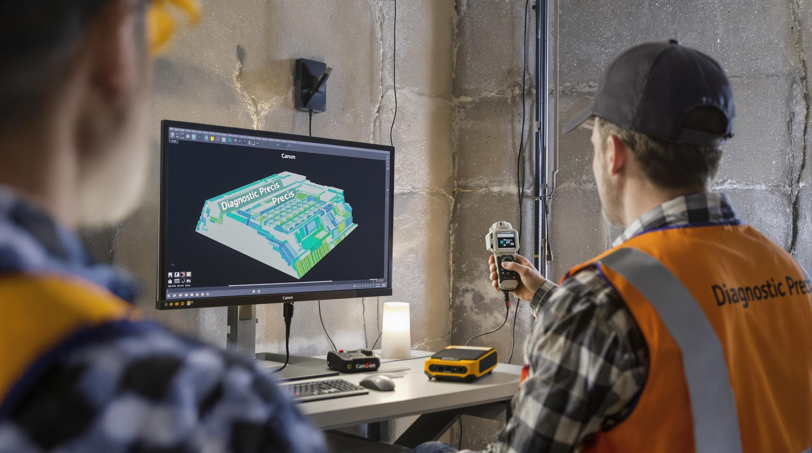 Technician analyzing foundation crack with diagnostic equipment
