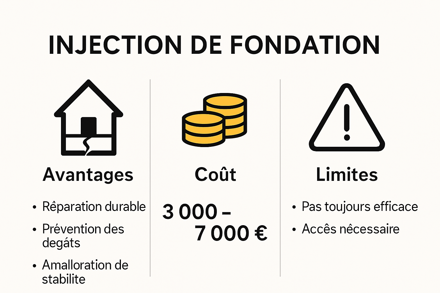Aperçu visuel des avantages, coûts et limites de l'injection de fondation.