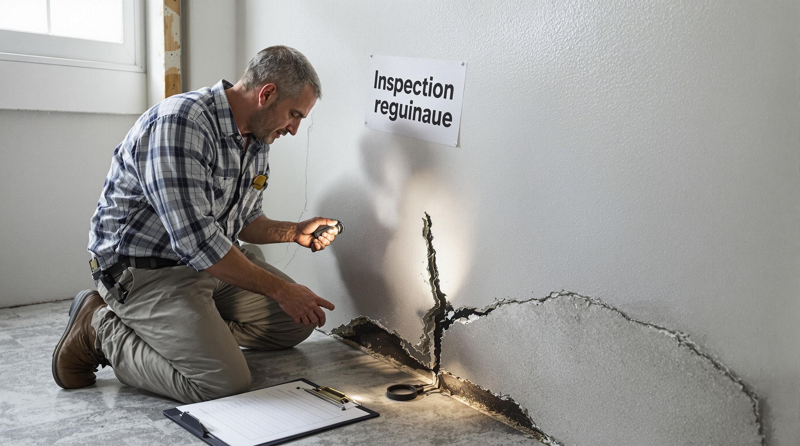 Inspecteur regarde une fissure de fondation