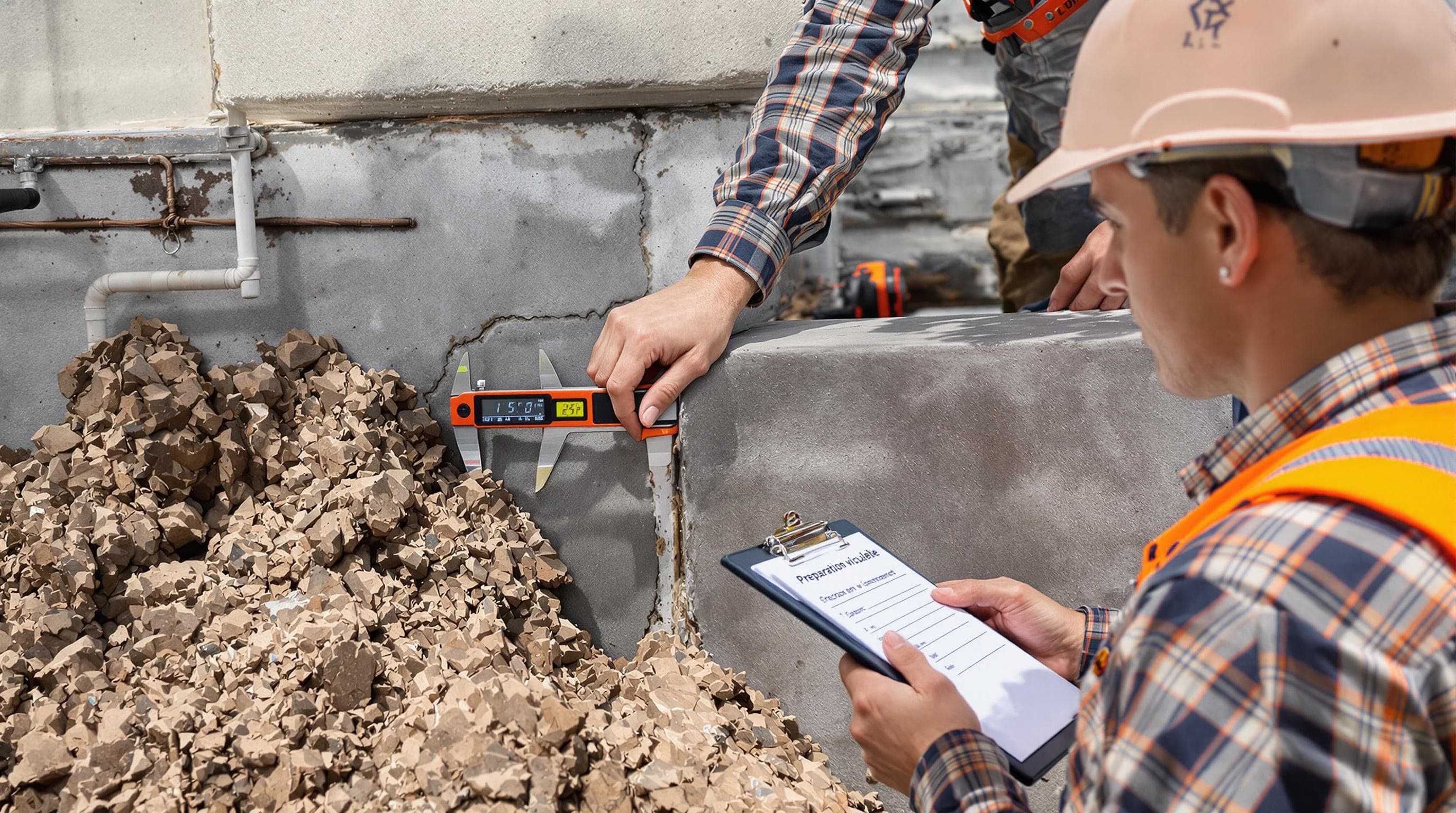 Technician measuring foundation crack as colleague records notes outdoors