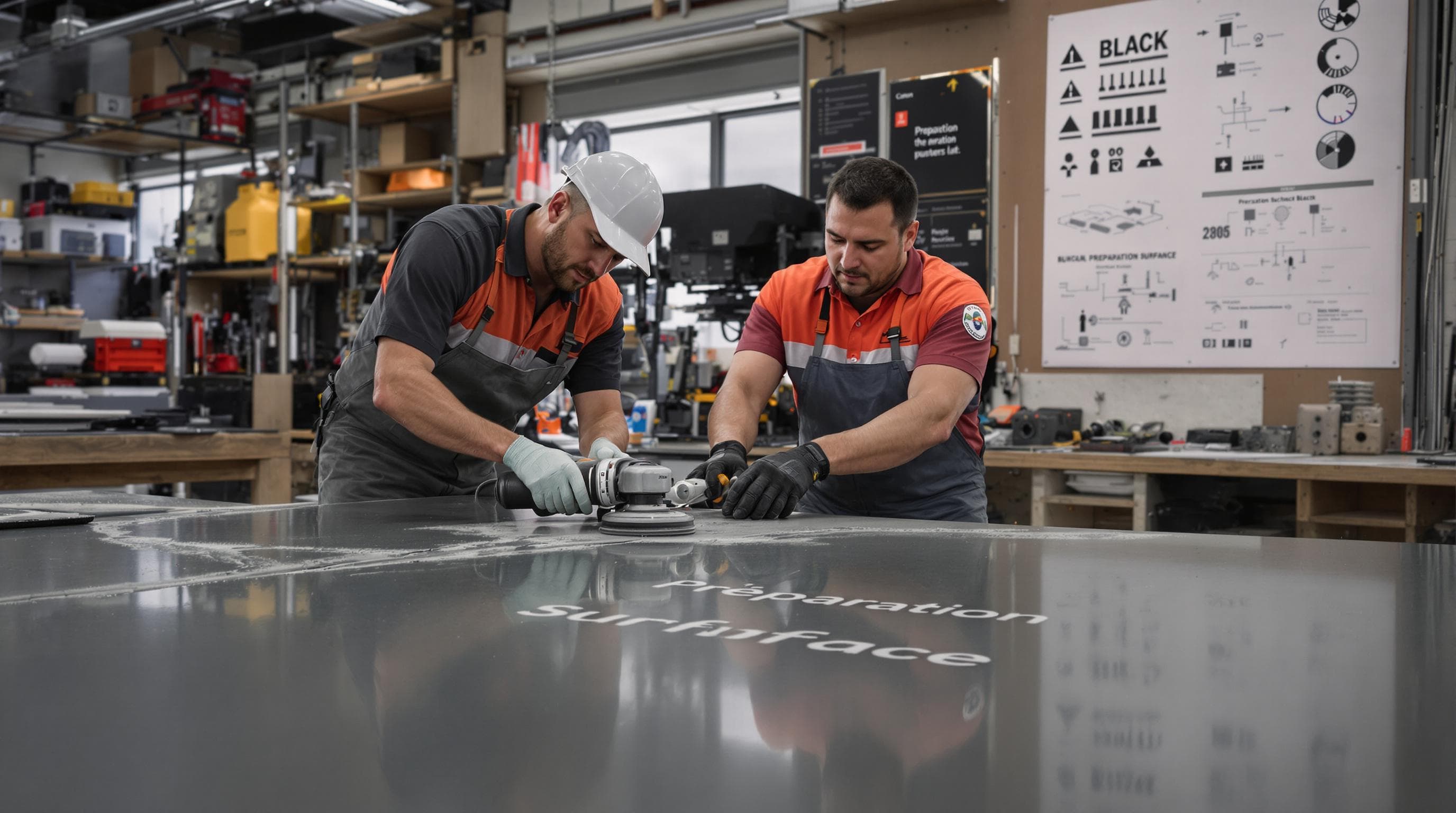 Technicians clean and diagnose concrete slab damage during surface preparation