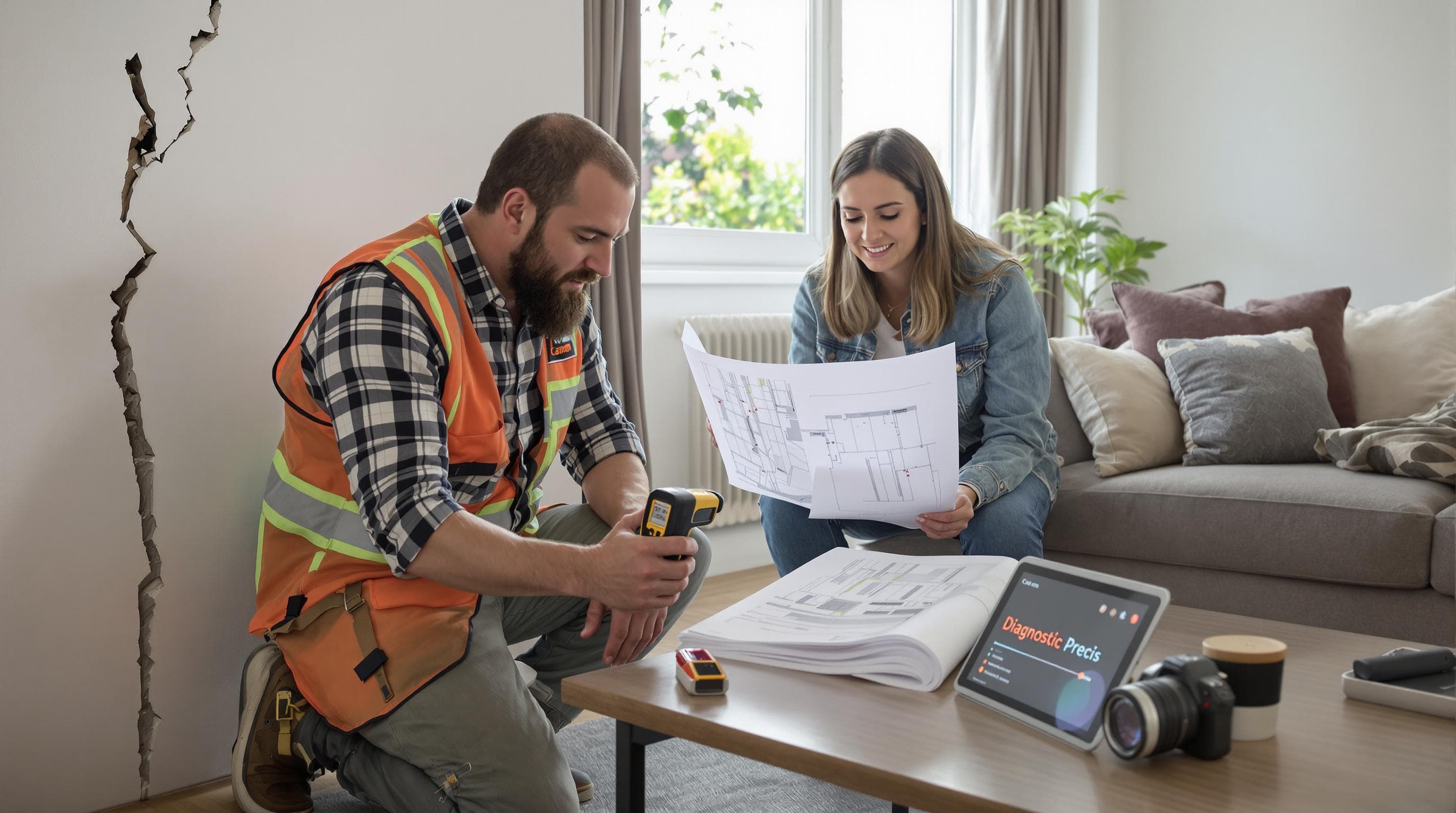 Expert measures wall crack with device, 'Diagnostic Précis' on tablet