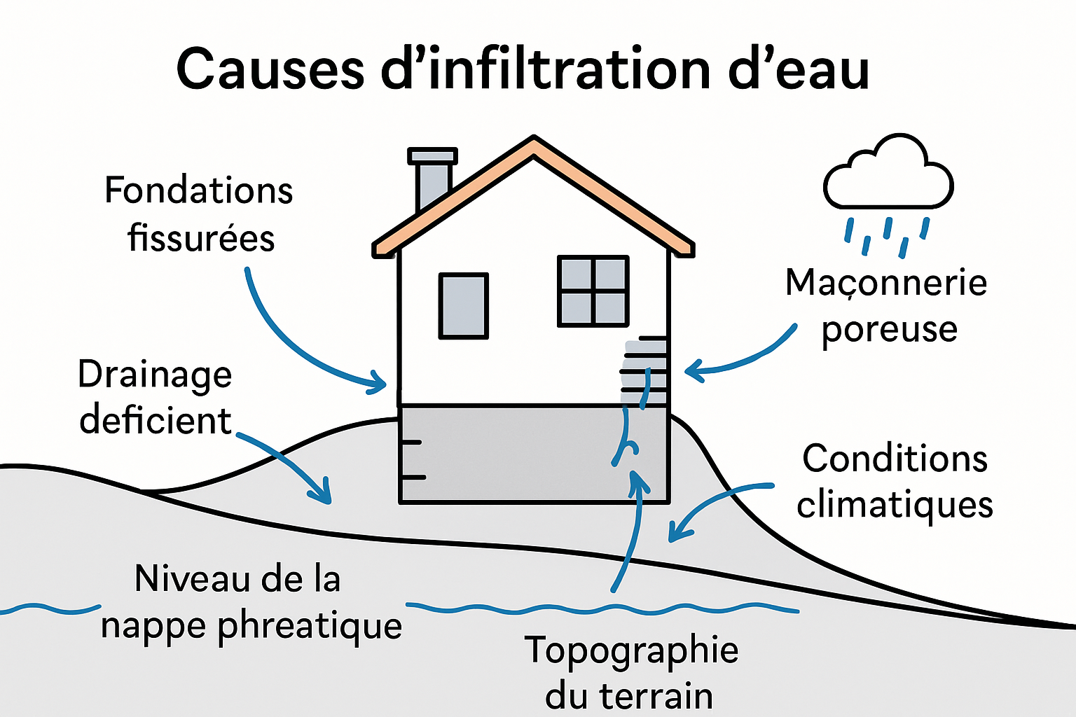 Infographie des causes de l'infiltration d'eau dans un bâtiment