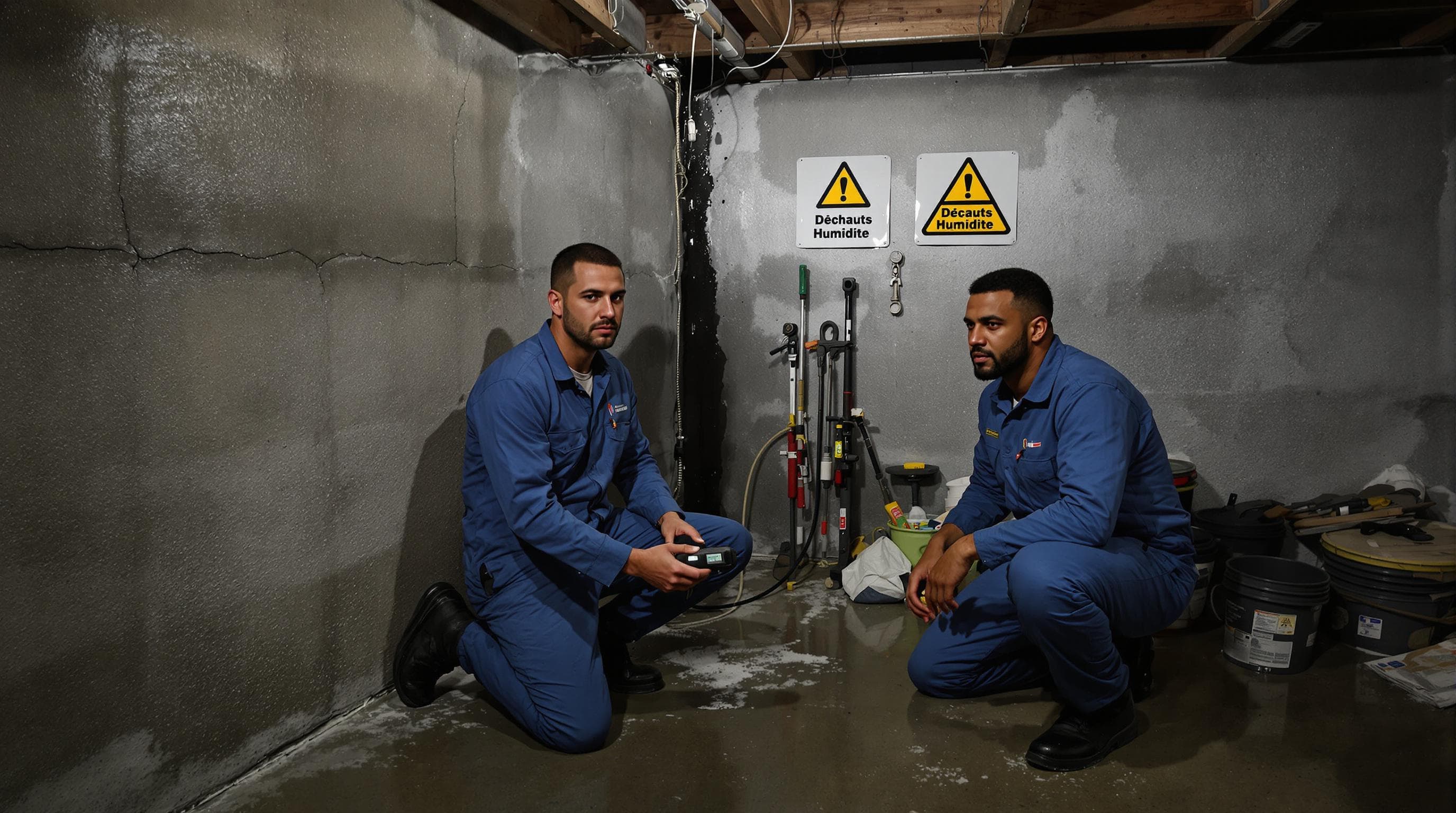 Inspectors check water damaged basement wall for humidity problems
