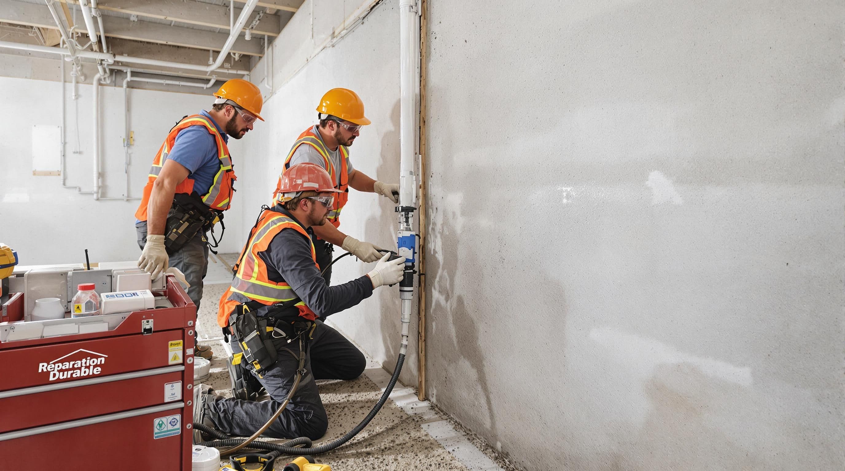 Technicians injecting epoxy into basement foundation crack