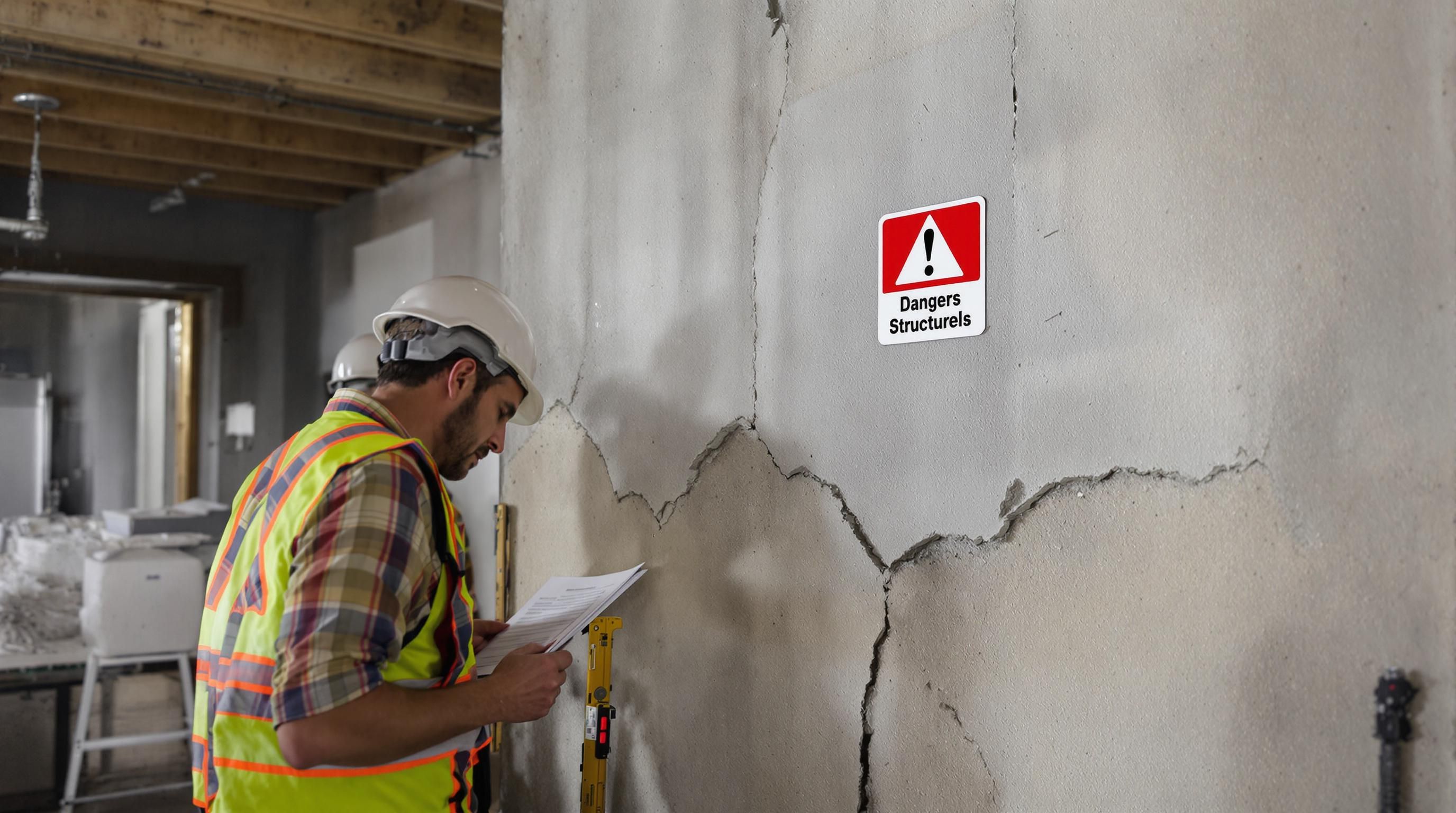 Construction workers measuring deep crack with 'Dangers Structurels' warning sign above