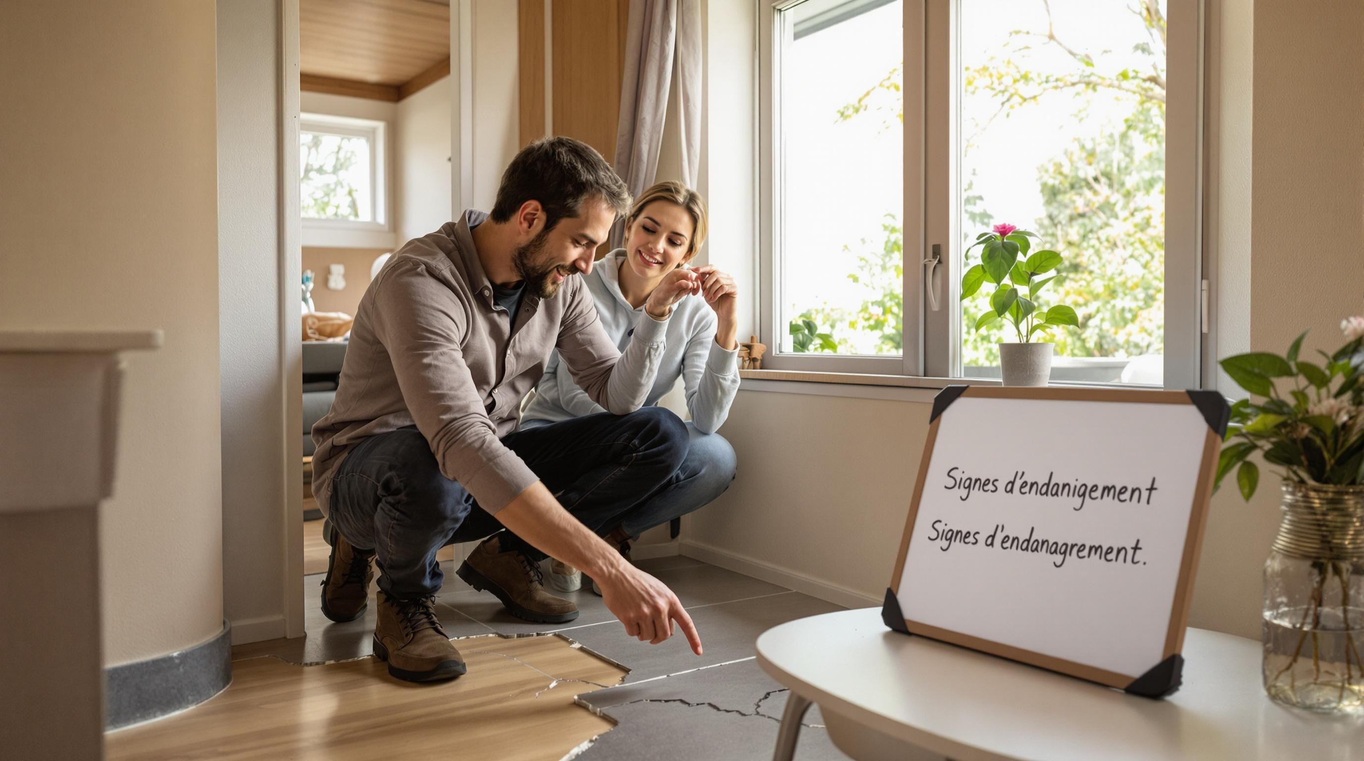 Couple inspects interior wall crack and window for foundation damage, Signes d'endommagement appears on whiteboard
