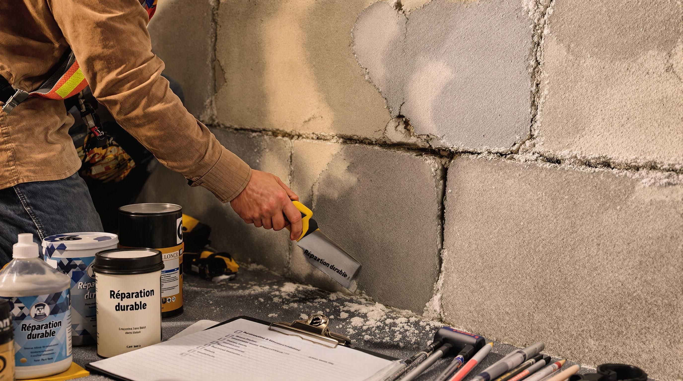 Foundation specialist repairs cracked basement concrete block wall