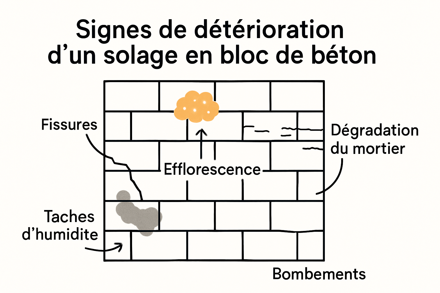 Principaux signes de détérioration sur un solage en bloc de béton