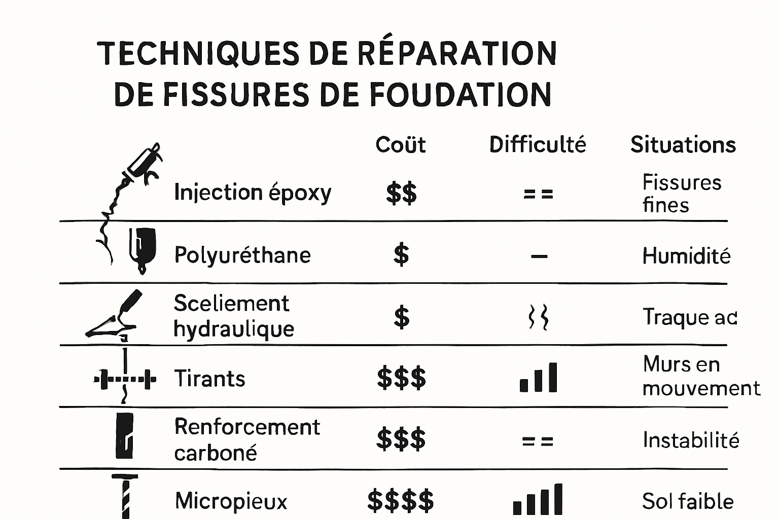 Infographie du coût et des méthodes de réparation des fissures de fondation en 2025