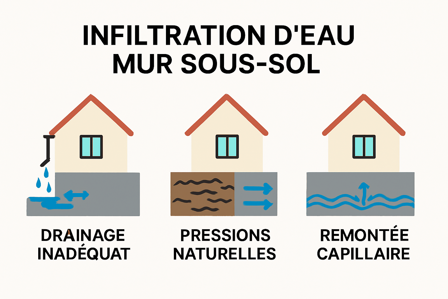 Infographic showing causes of basement wall water infiltration