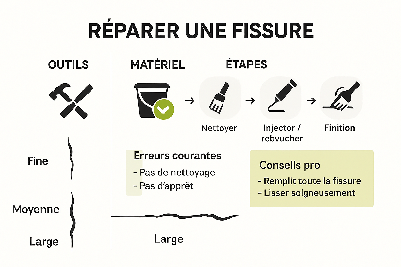 Infographic summarizing tools, materials, application steps for fissure repair