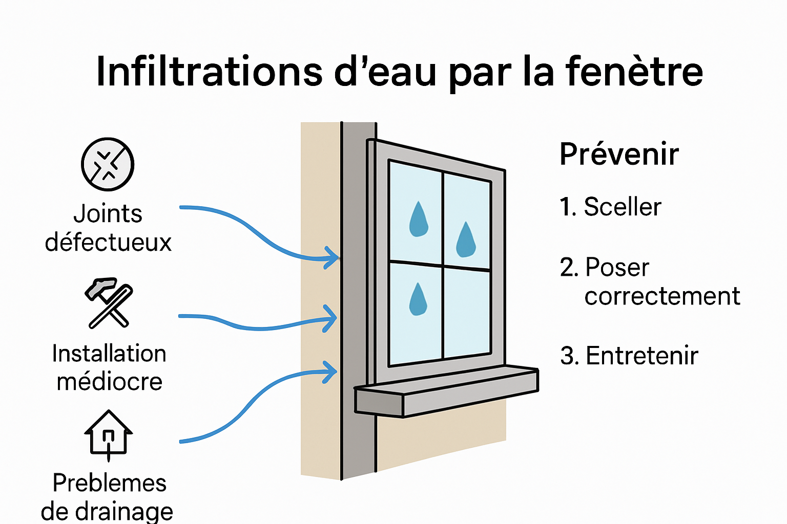 Infographic of water infiltration causes and prevention at windows