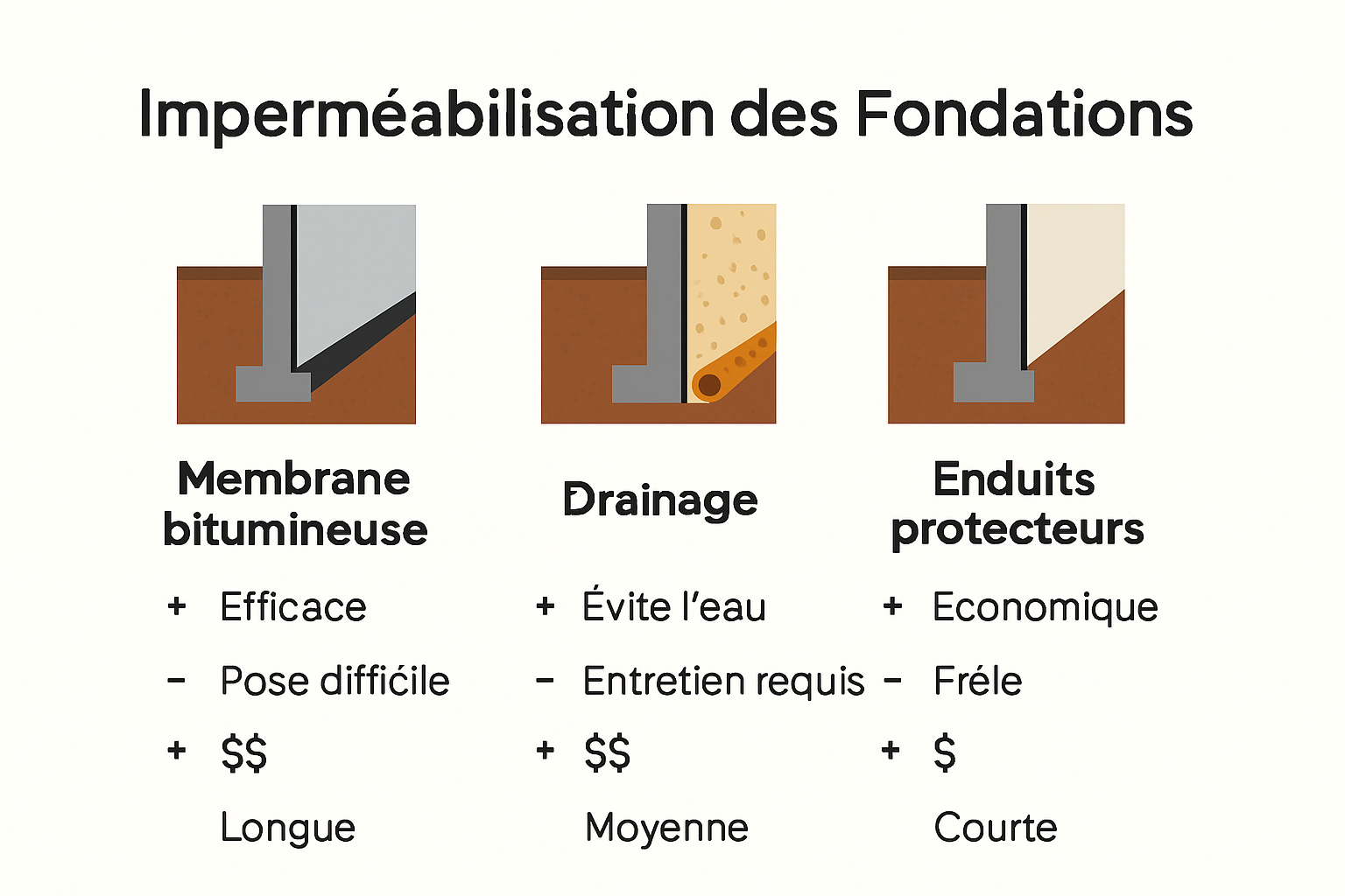 Comparaison visuelle des méthodes d’étanchéité des fondations