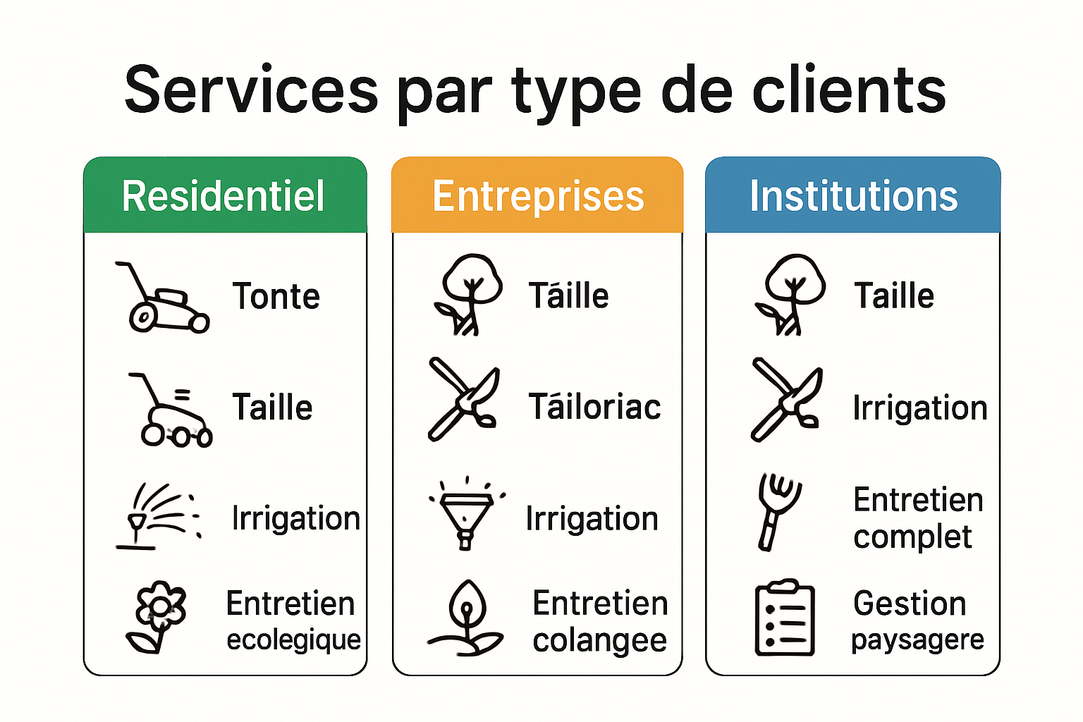 Infographic comparing services for residential, commercial, and institutional green spaces