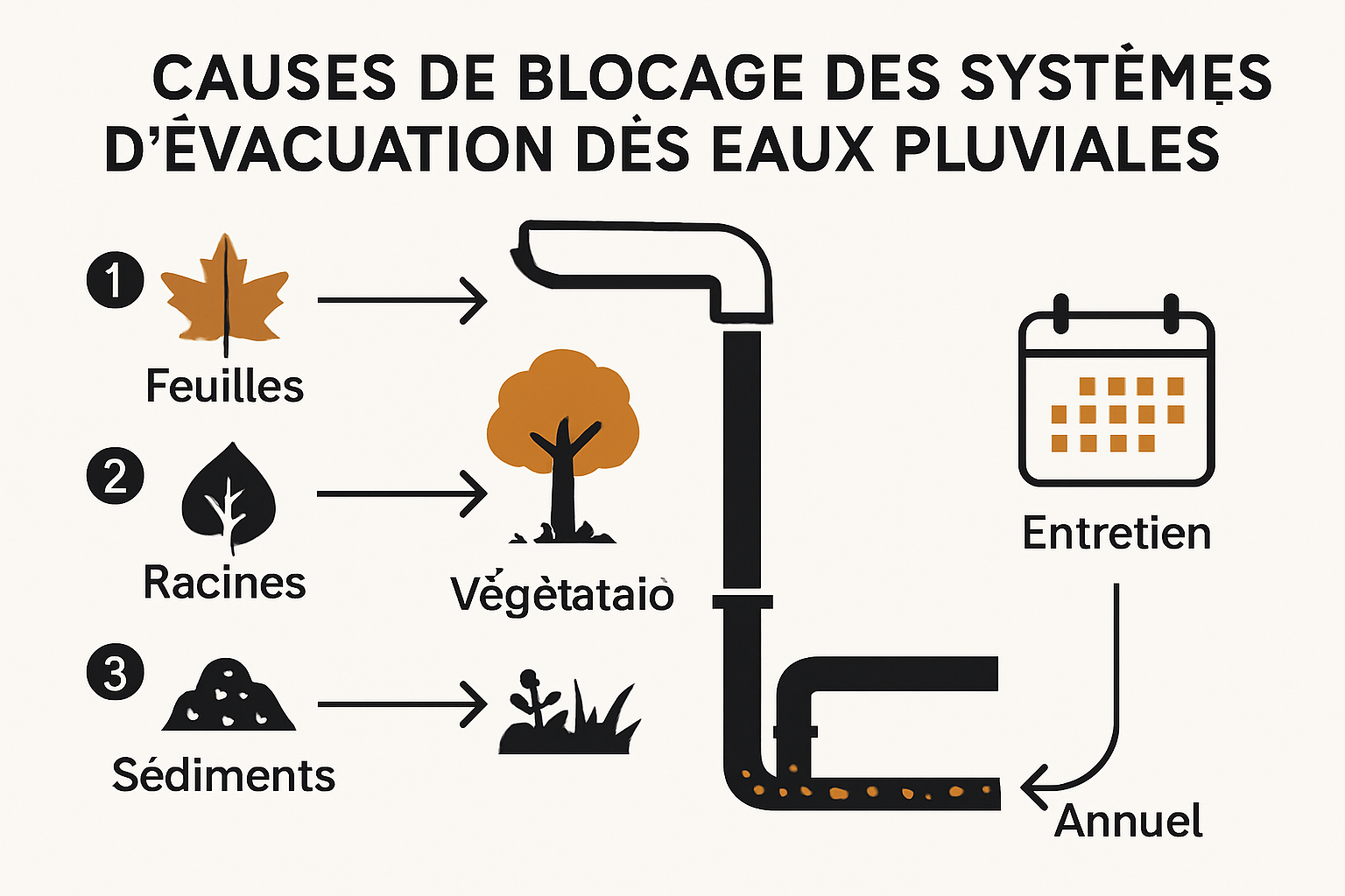 Diagramme des sources d'obstruction et prévention entretien drainage pluvial