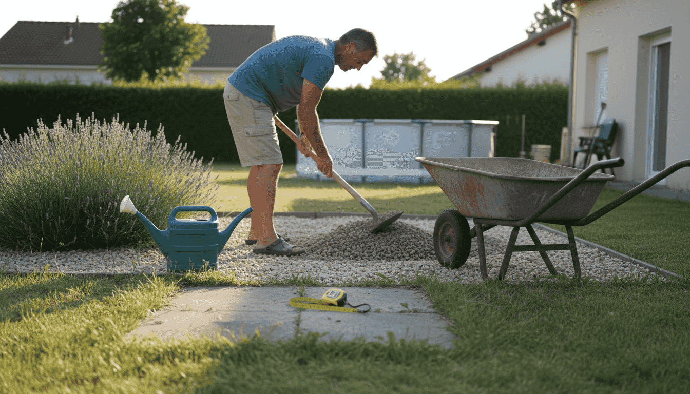 Mise en place manuelle du contour de la piscine sur le chantier