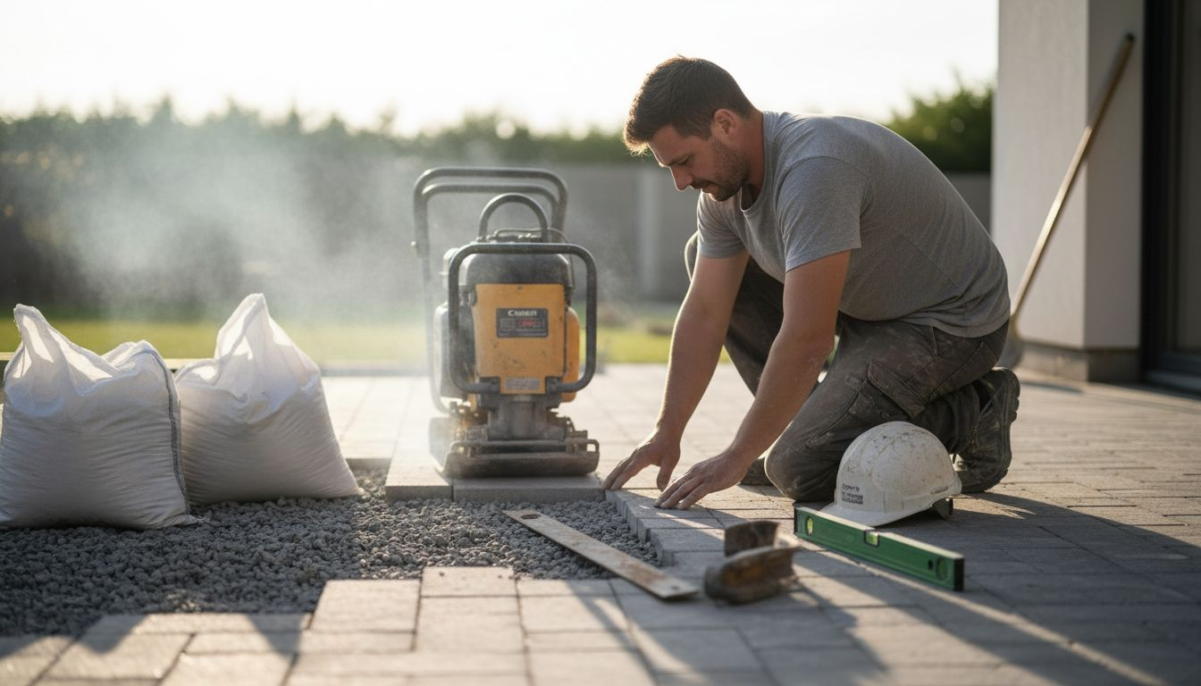 Un professionnel contrôle la qualité du compactage avant la pose du pavé uni.