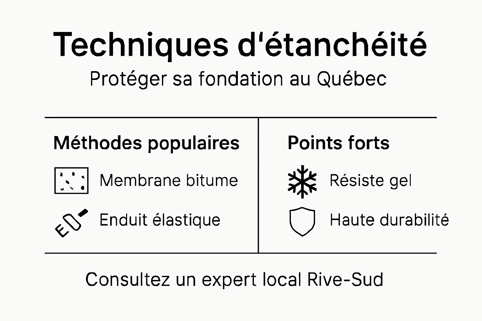 Découvrez notre infographie dédiée aux différentes méthodes d’imperméabilisation des fondations au Québec.