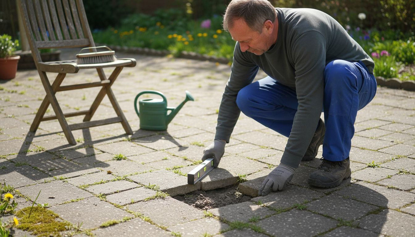 Un homme examine attentivement sa terrasse pavée pour repérer d’éventuelles dalles mal posées ou qui bougent.