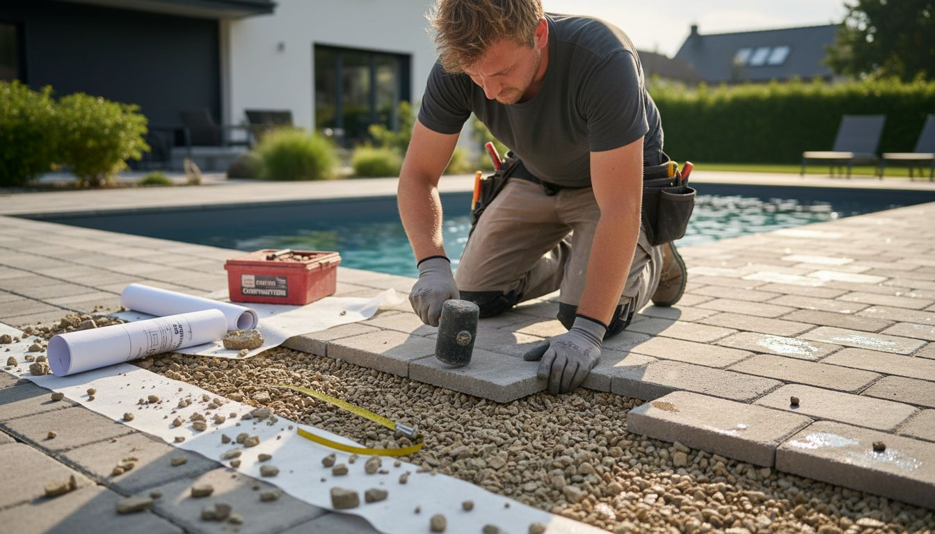 Un ouvrier pose des pavés drainants autour de la piscine.
