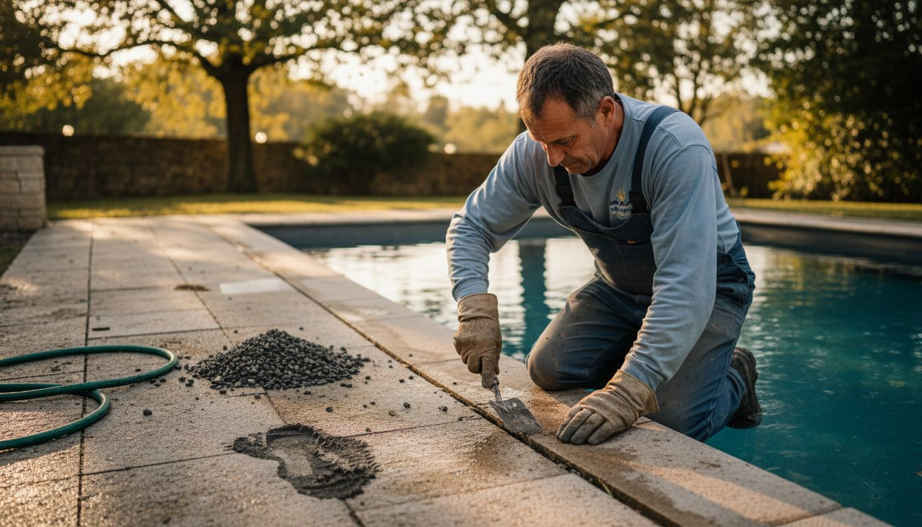 Un paysagiste vérifie l'écoulement des eaux autour des dalles de la piscine.