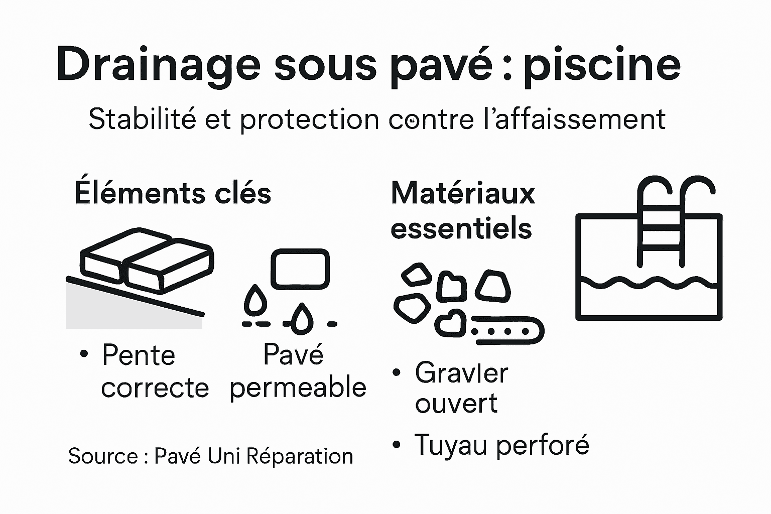 Visuel explicatif : assurer un bon drainage et la stabilité des dalles autour de la piscine