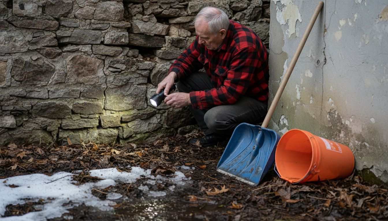 Le propriétaire inspecte les fondations de sa maison pour repérer d’éventuelles fissures ou signes de détérioration.