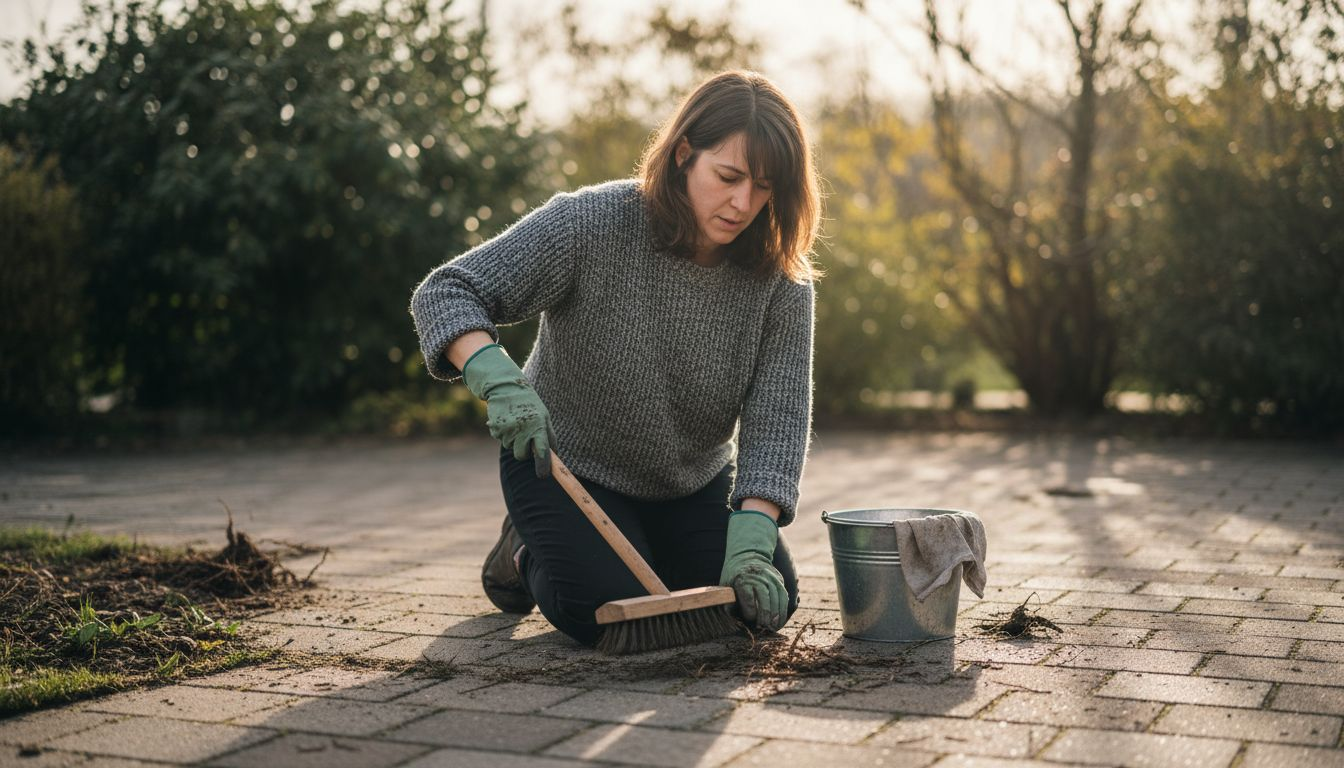 Après avoir enlevé les mauvaises herbes, une femme s’applique à nettoyer les joints entre les dalles.
