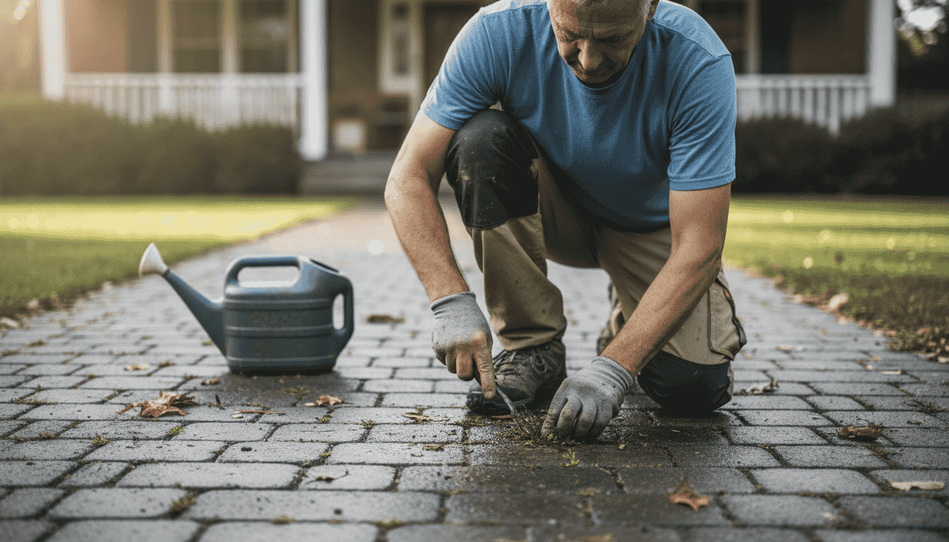 Un homme enlève les mauvaises herbes qui poussent entre les dalles de son entrée.