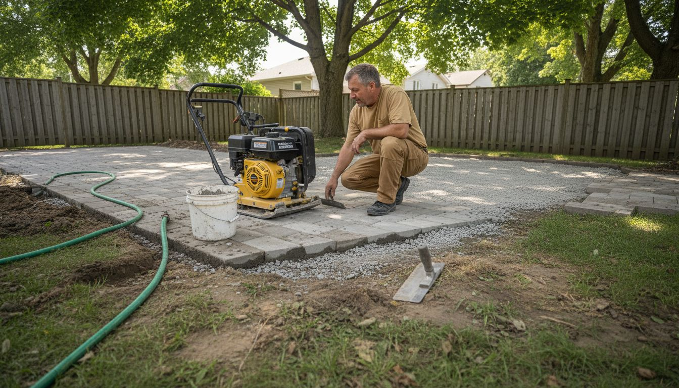 Un entrepreneur inspecte les pavés déformés dans la cour pour évaluer les travaux à réaliser.