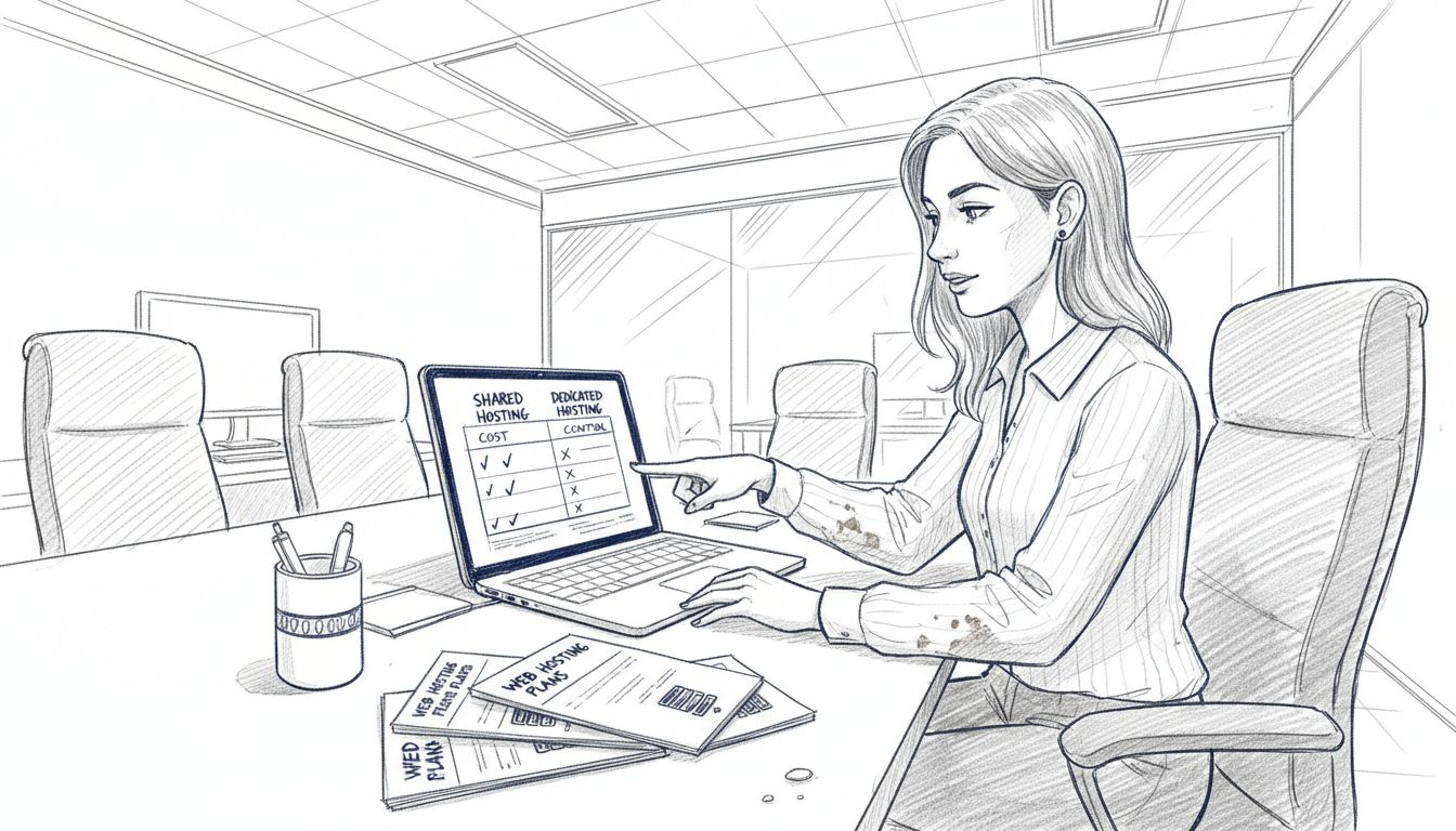 Woman discussing website hosting comparison chart